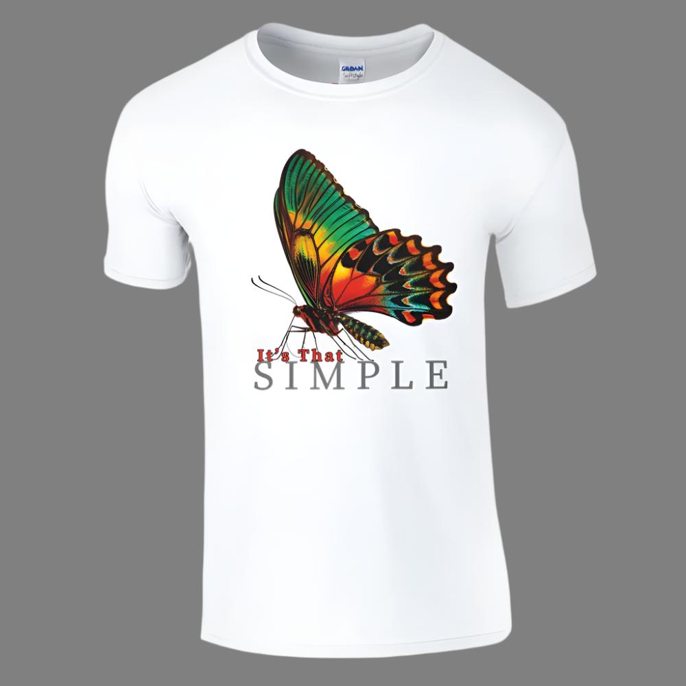 A white crew neck t-shirt with a colorful butterfly design and the text 'It's That Simple' printed on the front.