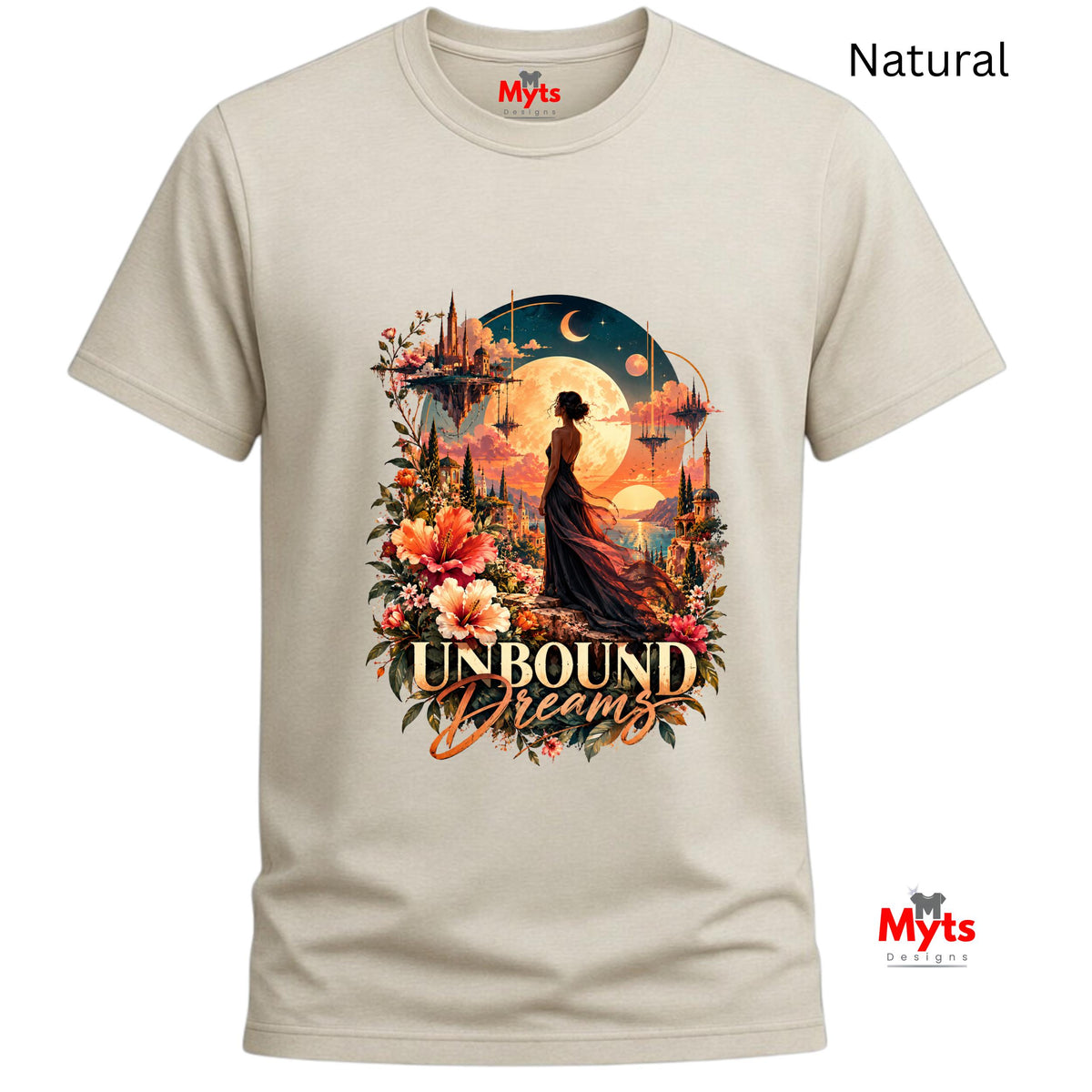 Natural cream T-shirt with colourful Unbound Dreams fantasy floral artwork and a woman in a flowing dress.
