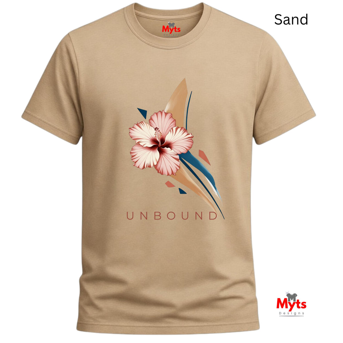 Sand crew-neck T-shirt featuring the UNBOUND pink hibiscus flower and minimalist navy and beige abstract design.