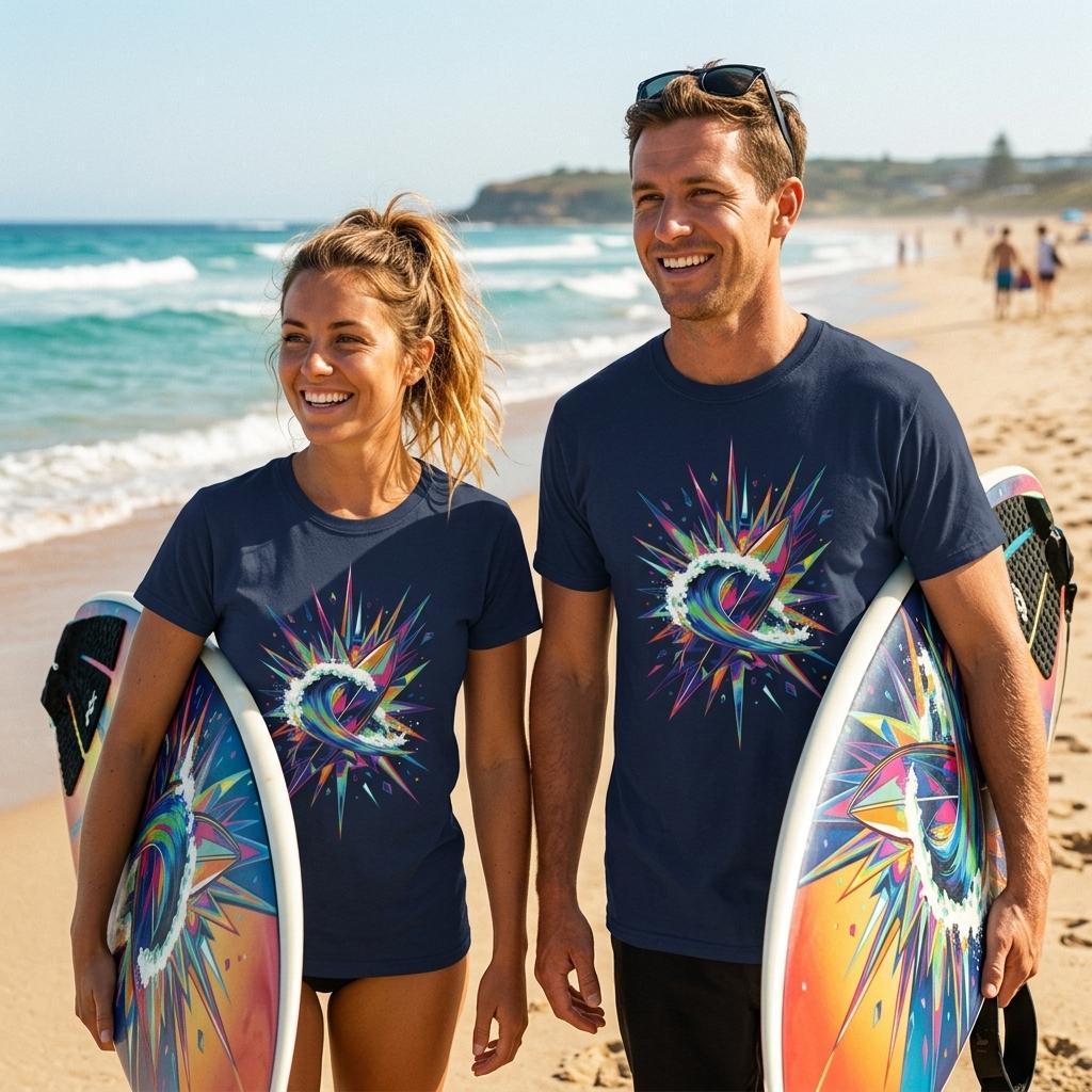Two people walking on a beach holding surfboards with colorful designs, wearing matching navy t-shirts.