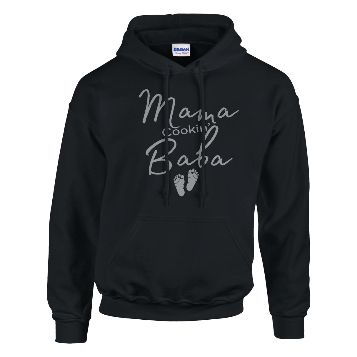 Back Hoodie with "Mama Cookin' Baba" with tiny silhouetted feet
