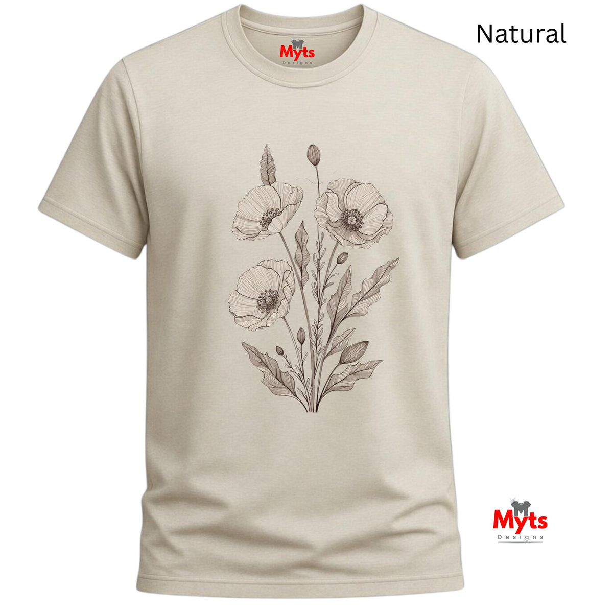 A Natural minimalist poppy flower T-shirt featuring delicate neutral botanical floral line art by MytsDesigns.