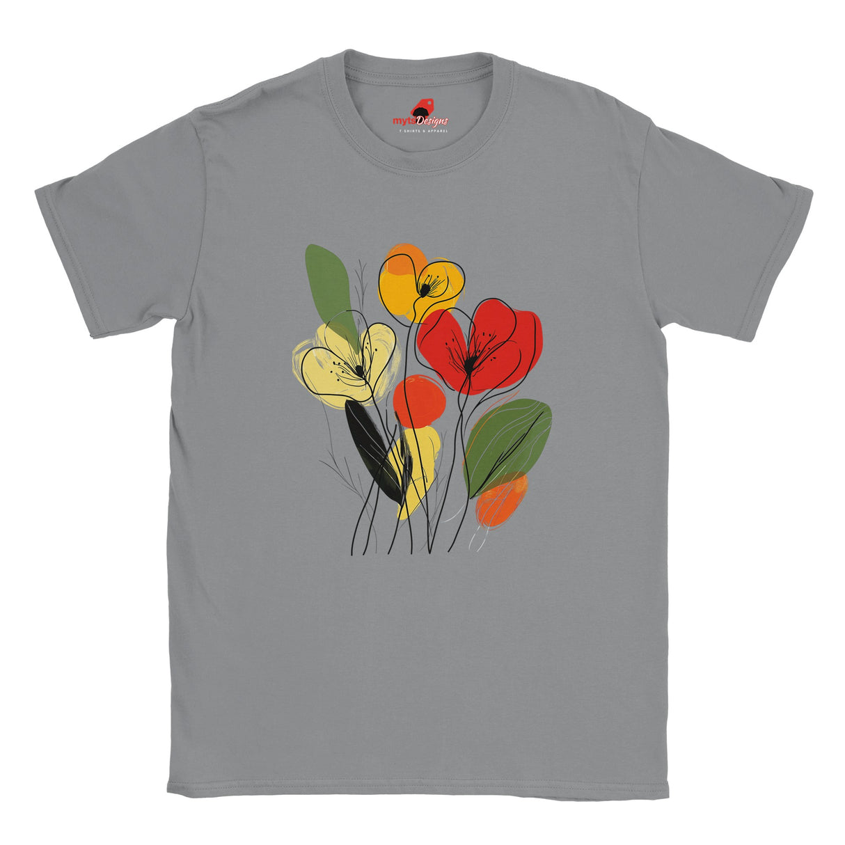 Sports Grey t-shirt featuring minimalist floral line art with abstract red, yellow, and orange flowers and green leaves, laid flat white background