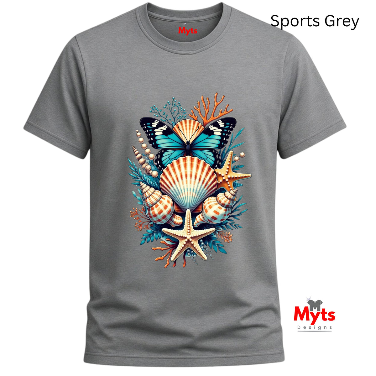 A gray short-sleeve t-shirt with a colorful graphic of a butterfly, seashells, and starfish. The shirt is shown on a plain white background with 'Sports Grey' text in the top right and a 'Myts Designs' logo in the bottom right.