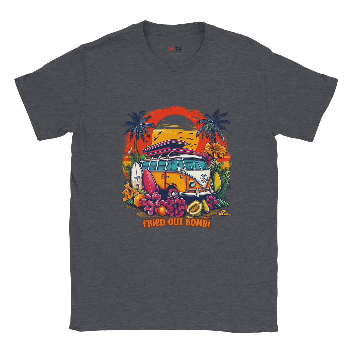 A dark heather T-shirt with a vibrant graphic of a retro yellow Kombi van, surfboards, tropical flowers, palm trees, and a bold orange sunset.
