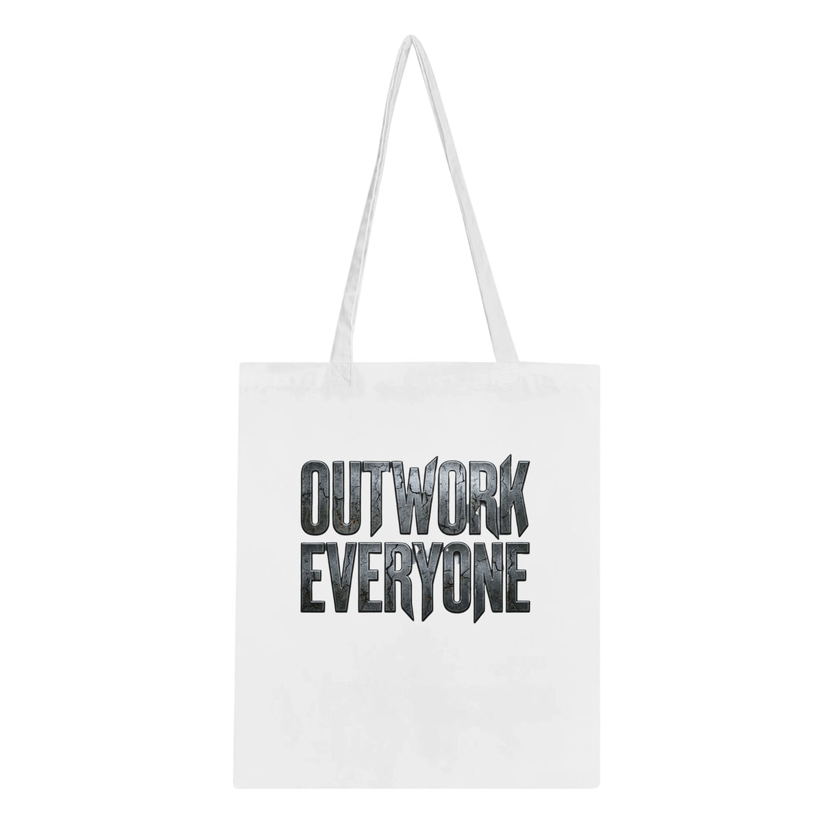 White tote bag with 'OUTWORK EVERYONE' text on a white background
