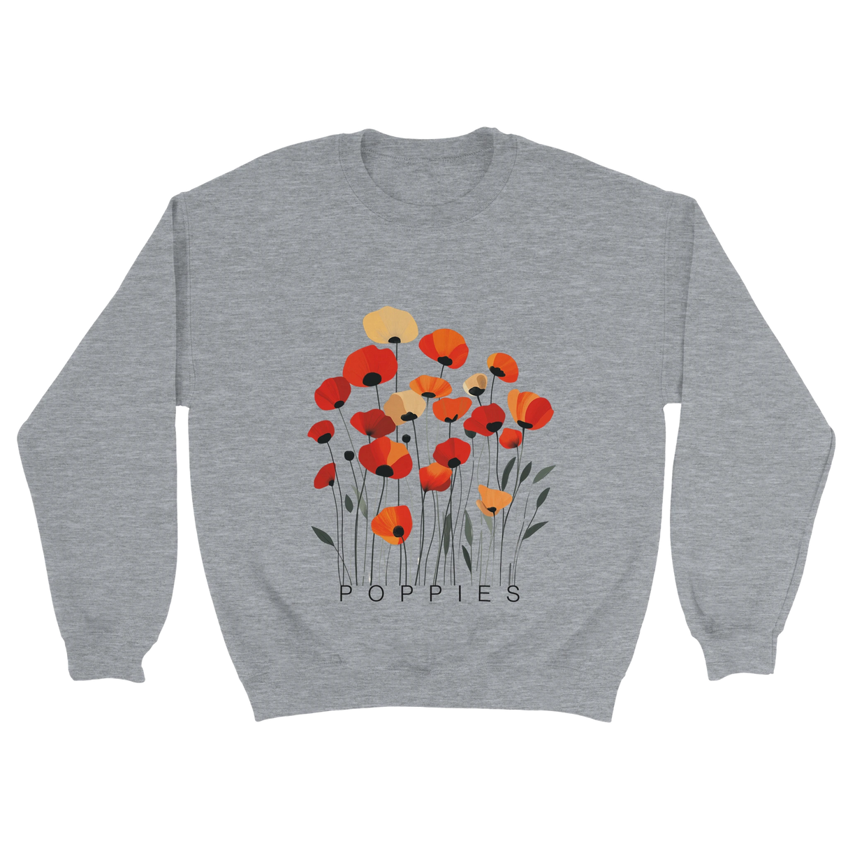 A Grey sweatshirt featuring a minimalist poppy flower design. The graphic displays red, orange, and muted gold poppies with slender stems and leaves, and the word “POPPiES” printed beneath. The cozy, casual outfit has a soft, modern aesthetic ideal for floral and nature-inspired fashion.