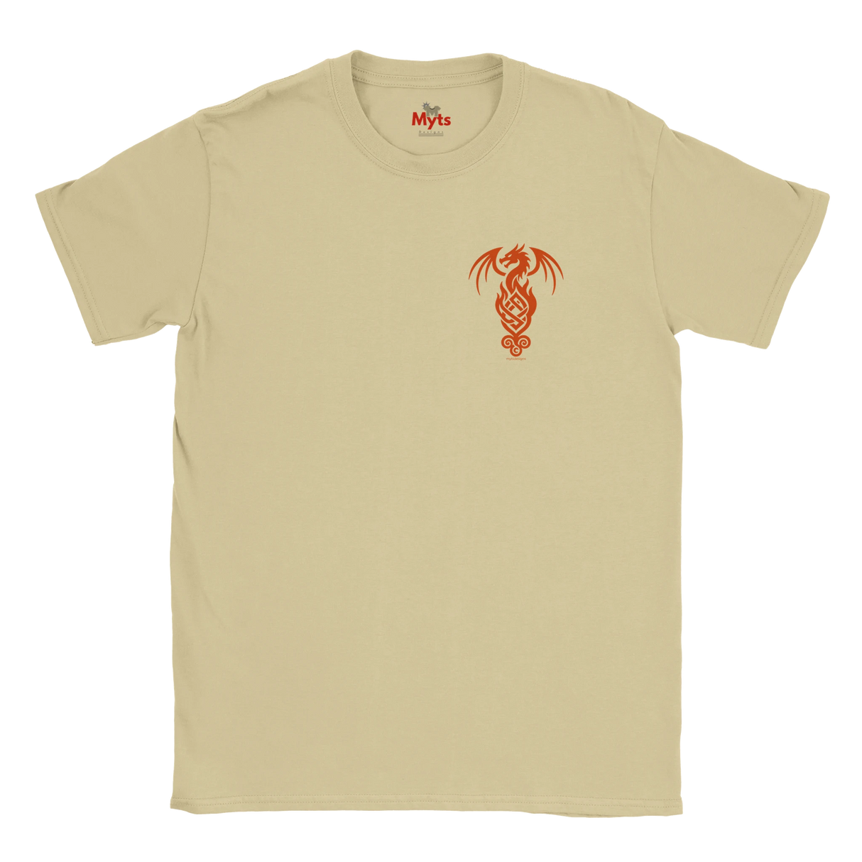 A sand crewneck t-shirt with a small red dragon graphic on the left chest, displayed flat against a white background.
