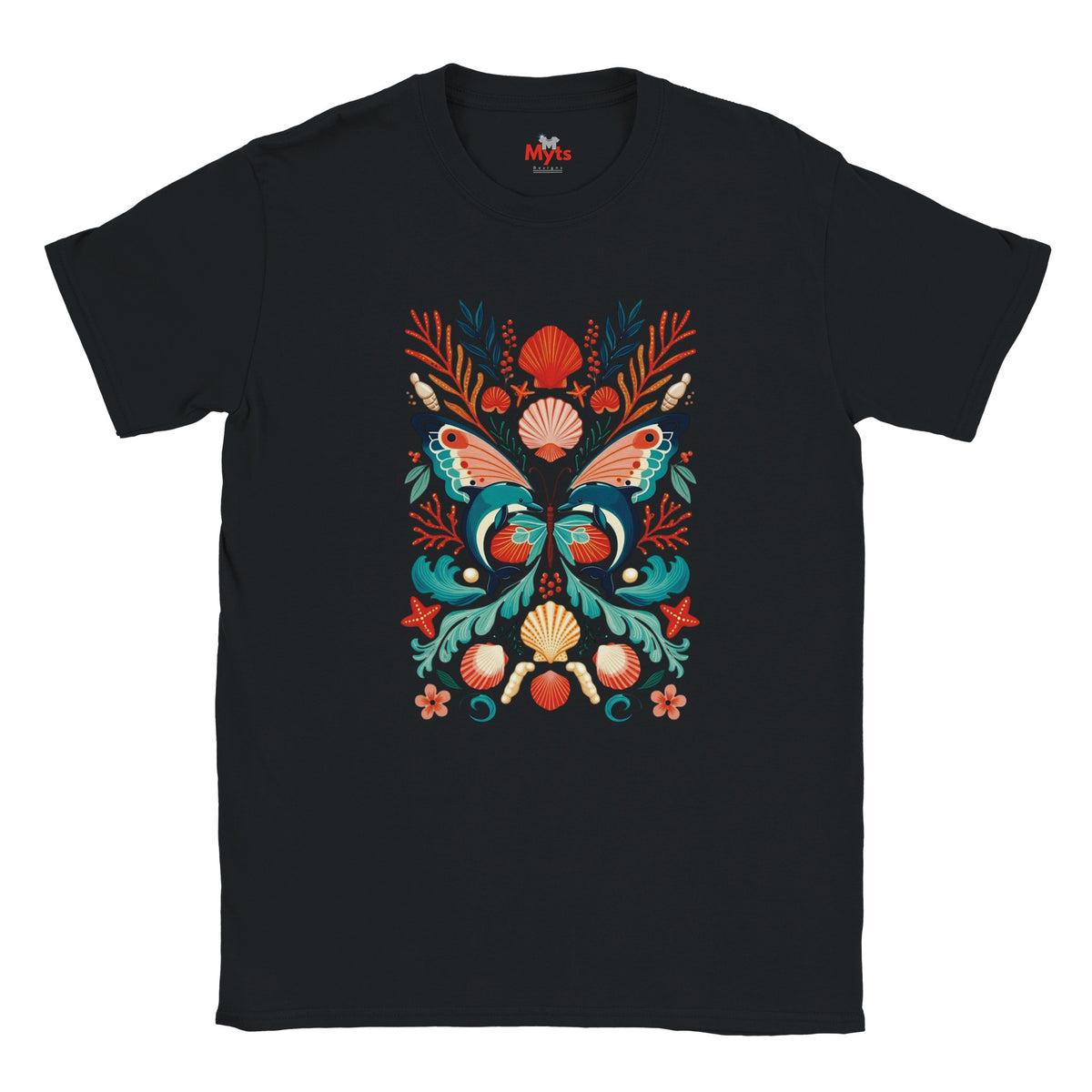 Black crew-neck T-shirt featuring a colourful dolphin butterfly illustration with seashells, coral and starfish.