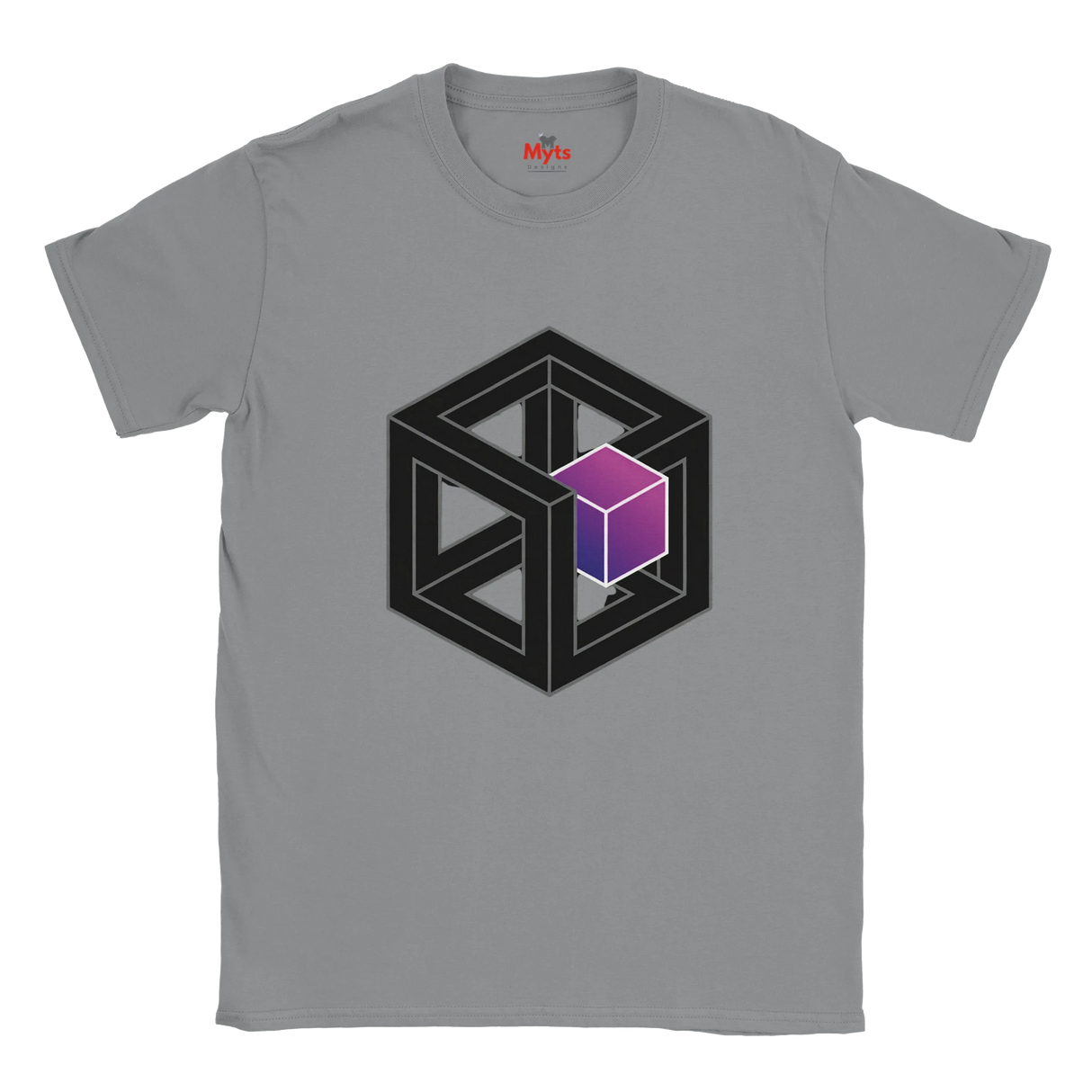 Gray t-shirt with geometric design featuring a purple cube on a white background