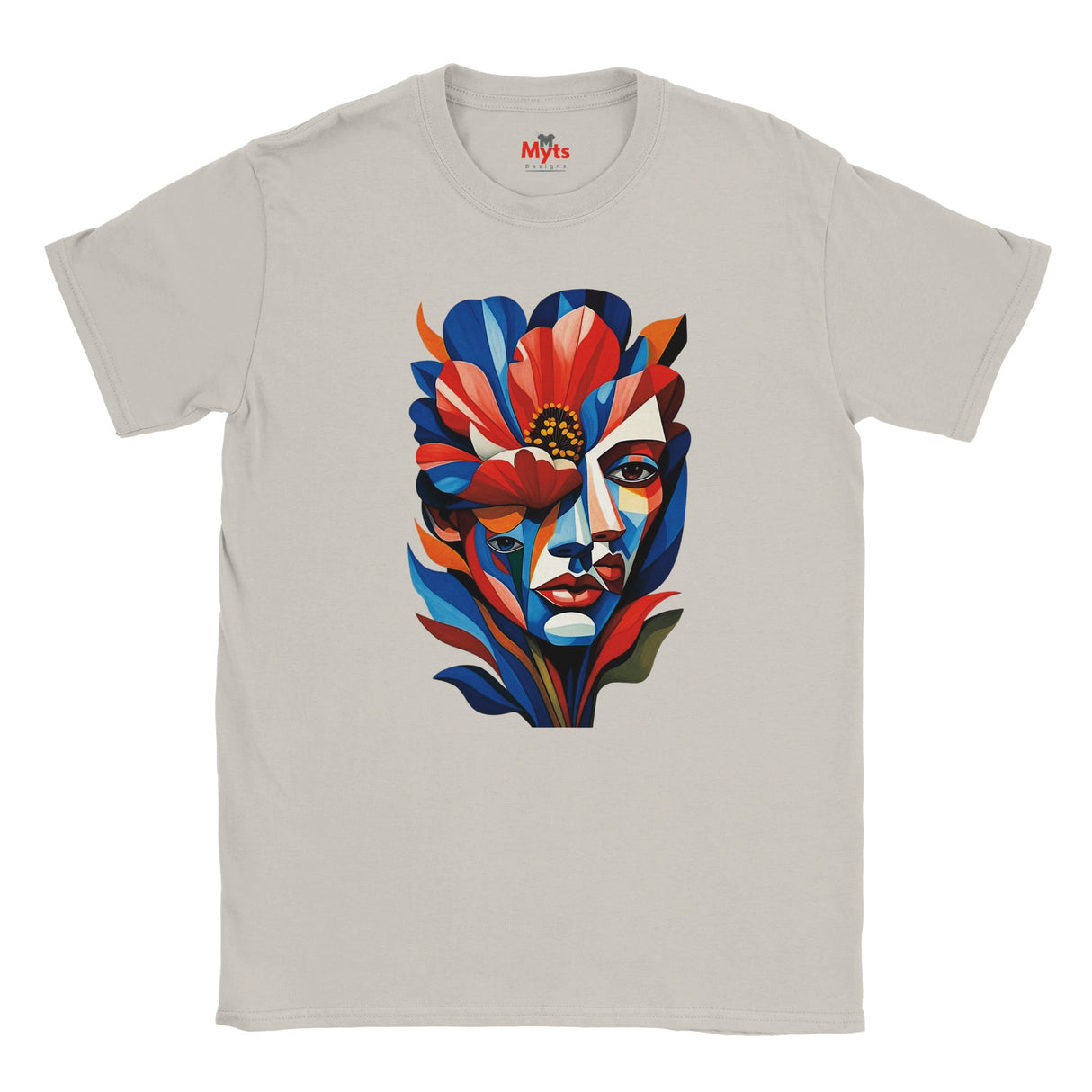 Ice Grey T-shirt featuring a colourful abstract floral face portrait with layered blue, red, coral and yellow geometric shapes, flowers and botanical leaves.