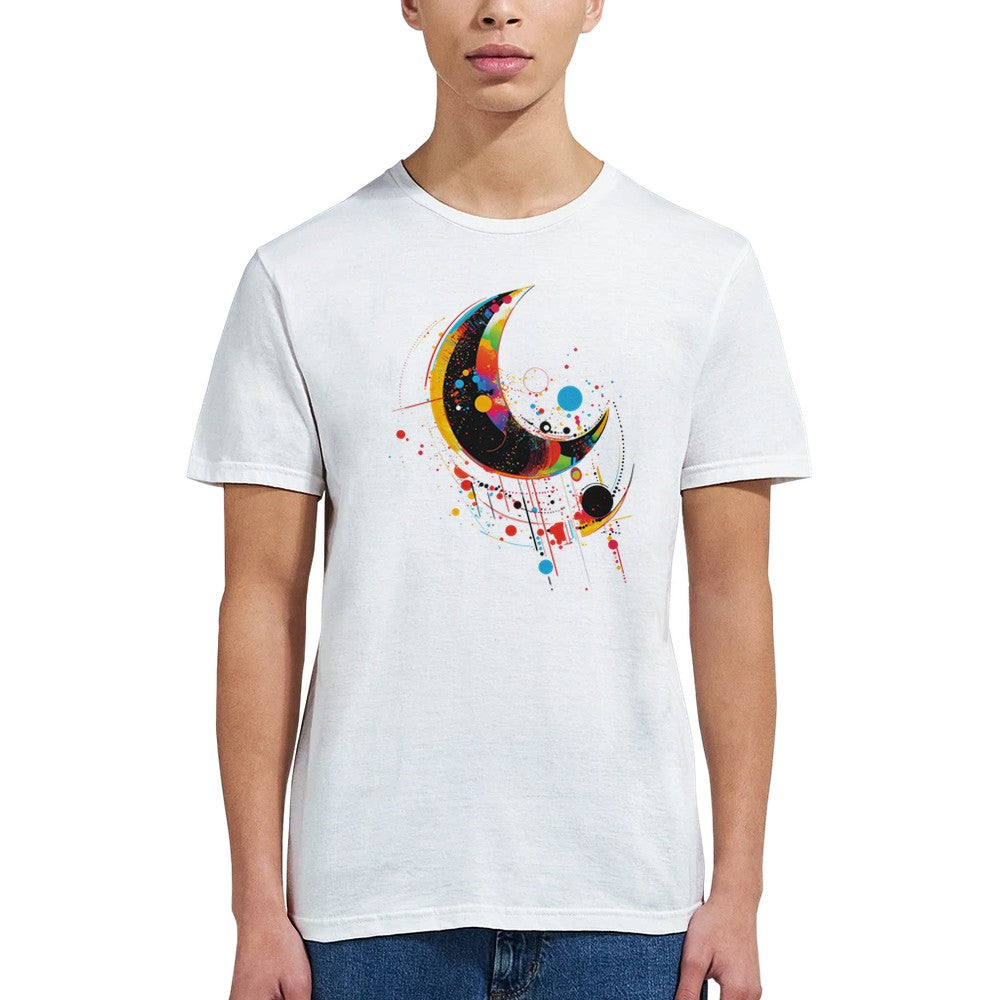 A white crew-neck t-shirt with a geometric space-inspired print featuring vivid colors and abstract designs.