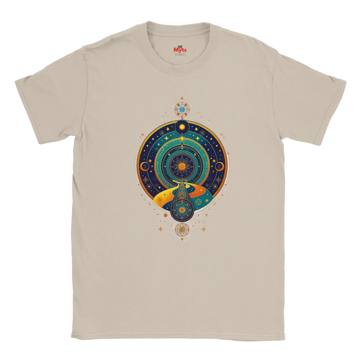 Beige t-shirt with a colorful celestial design on a white background