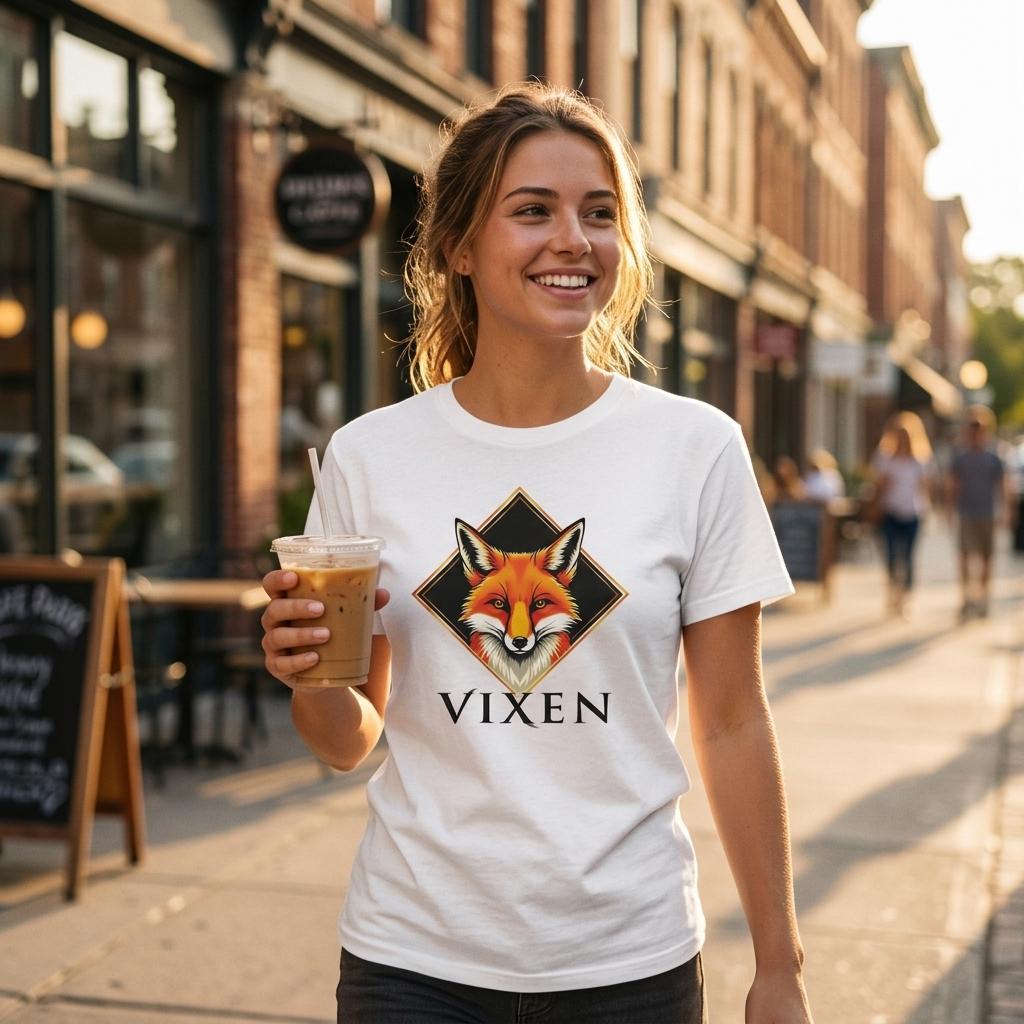 Woman wearing a white t-shirt with a fox graphic and 'VIXEN' text, holding a drink on a city street.