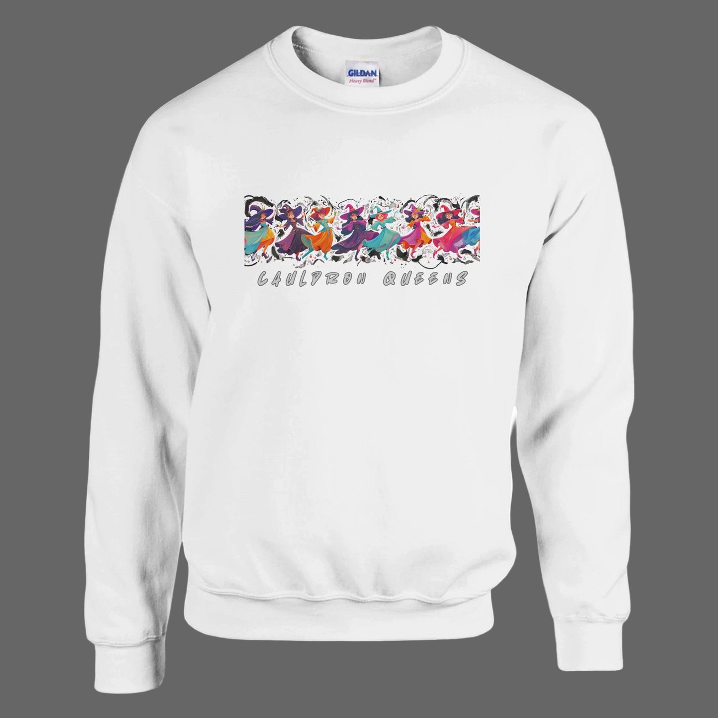White sweatshirt with colorful butterfly design and text on a grey background