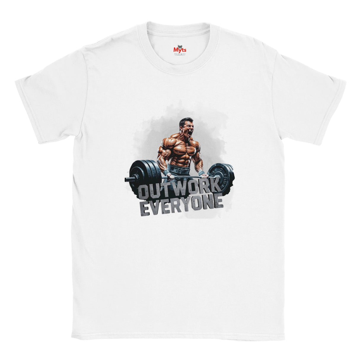White t-shirt with a graphic of a muscular man lifting weights and text 'OUTWORK EVERYONE' on a white background.