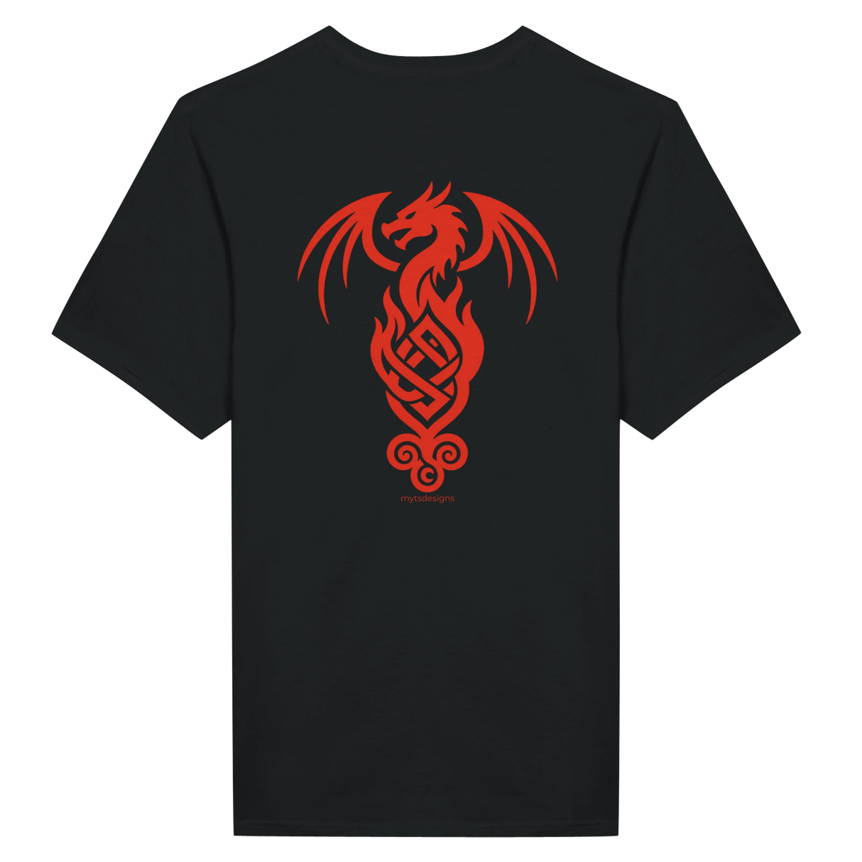 A black short-sleeve t-shirt with a large red graphic of a stylized dragon and Celtic knot design on the back, displayed against a solid white background.