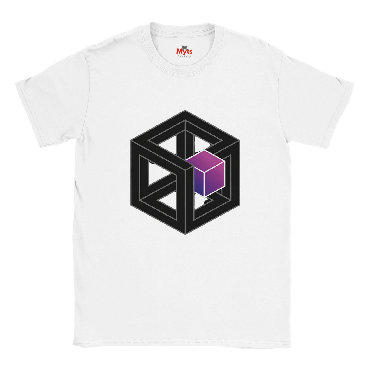 White t-shirt with geometric design featuring a black cube and purple gradient on a white background