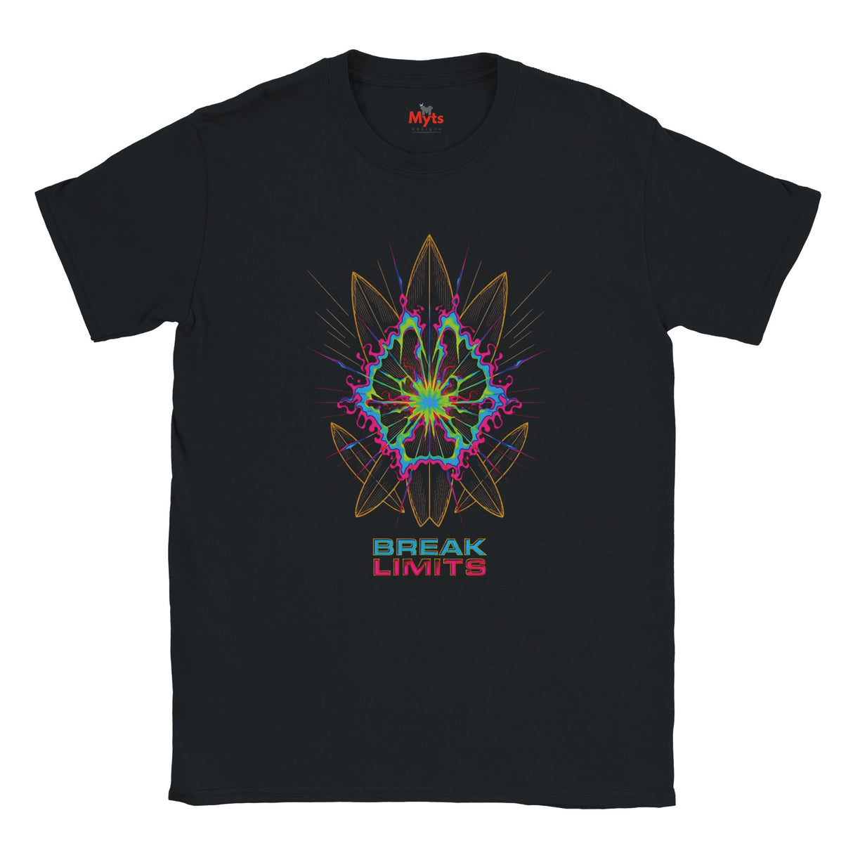 Black t-shirt with French text and red hearts on a white background