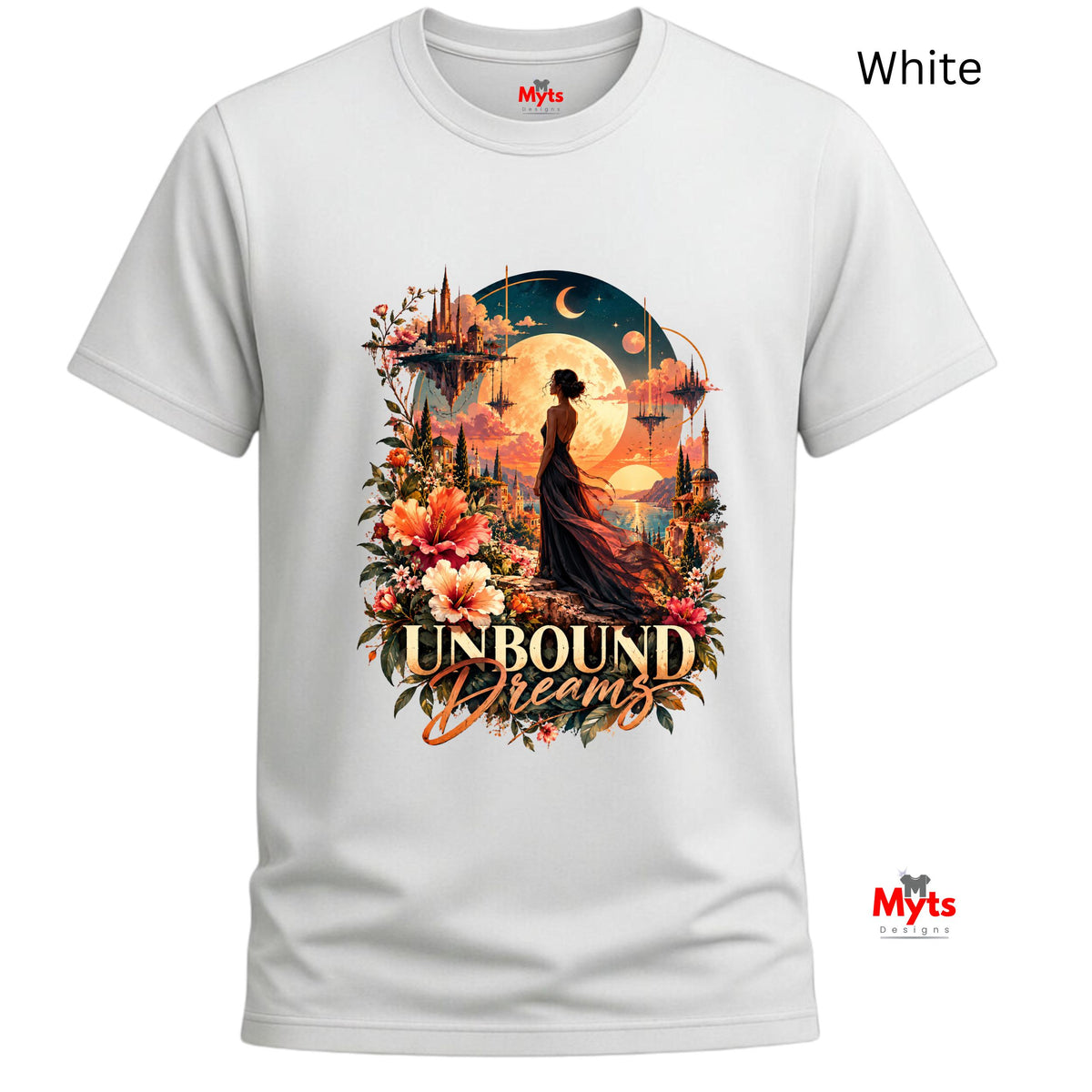 White crew-neck T-shirt featuring the Unbound Dreams floral fantasy landscape and celestial moon artwork.