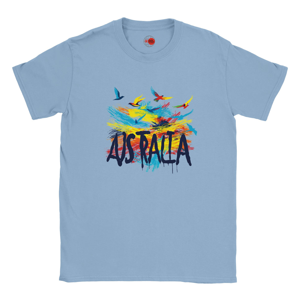 Light blue t-shirt with colorful 'Australia' design on a white background