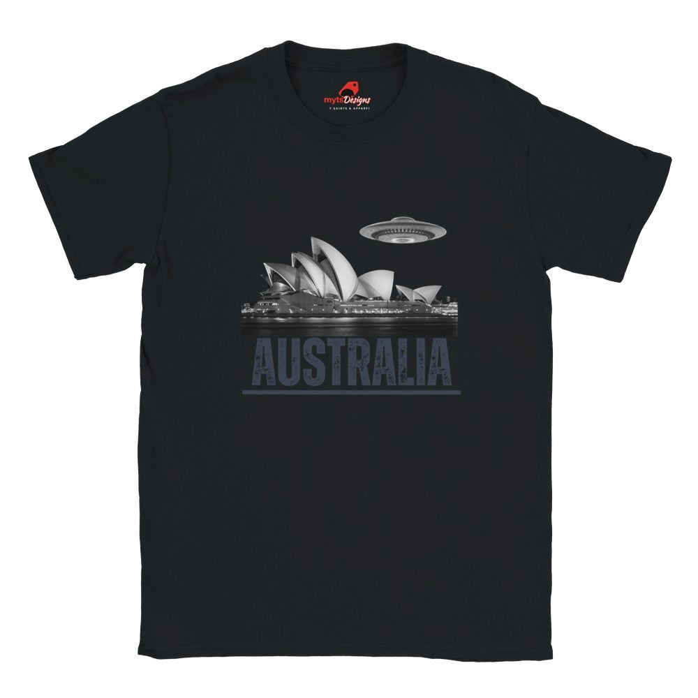 Front view of a black soft casual tee showing the Sydney Opera House sails with a sleek spaceship graphic orbiting overhead, printed on ultra-soft Gildan 64000 cotton.