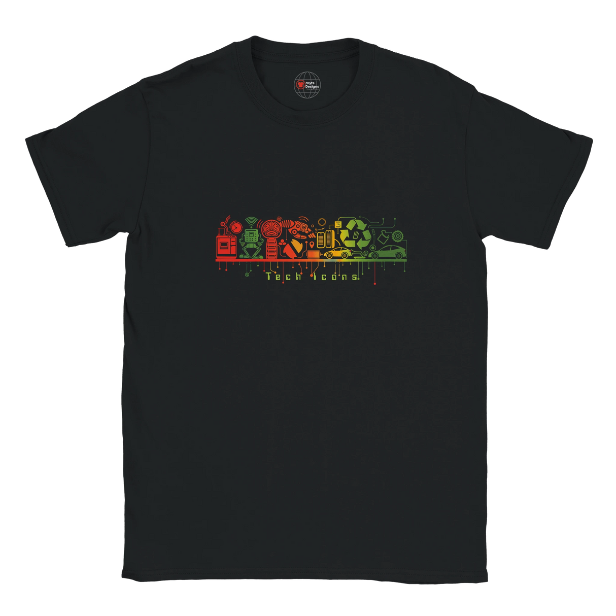 Black t-shirt with colorful graphic design on a white background