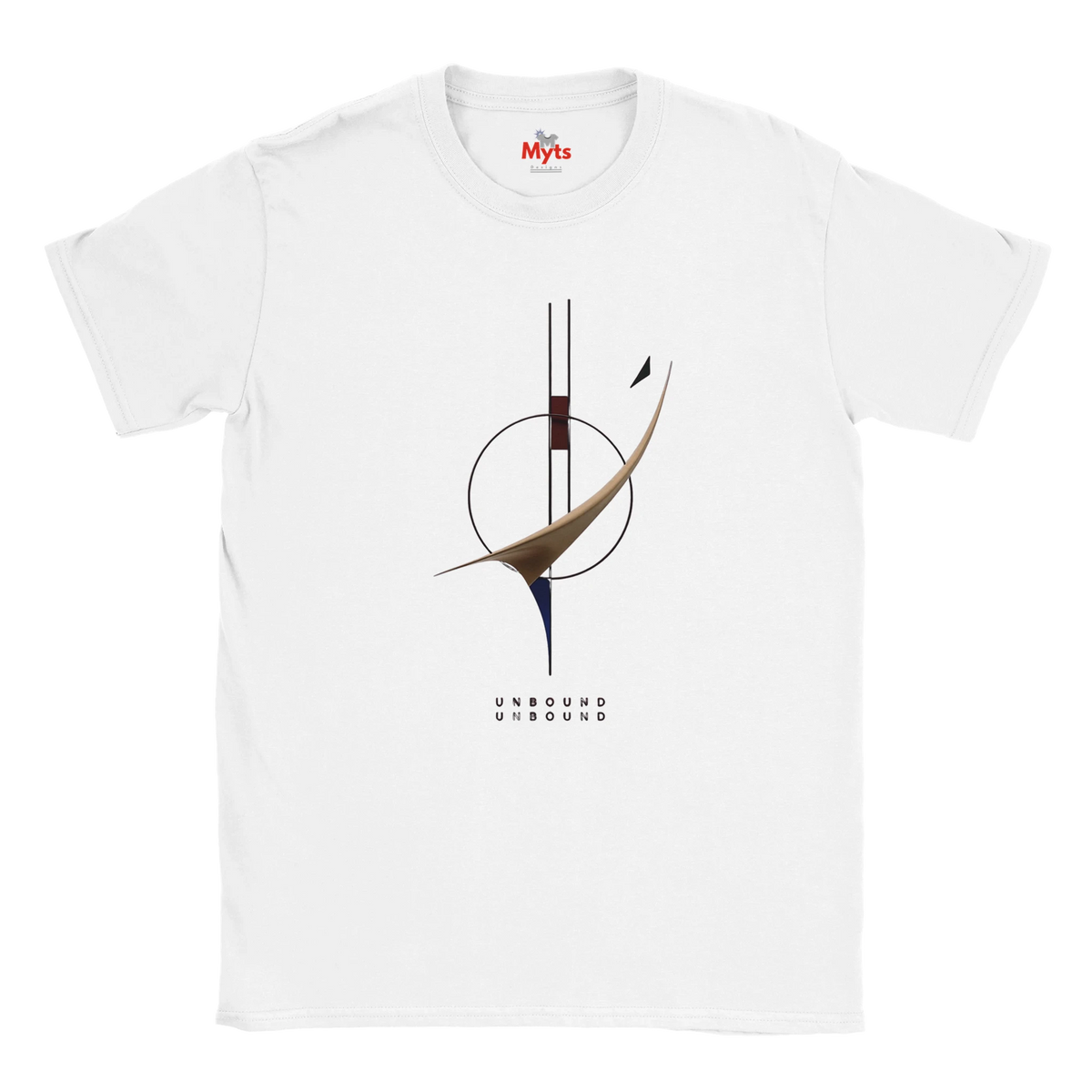 White t-shirt with minimalist geometric design and text on a white background