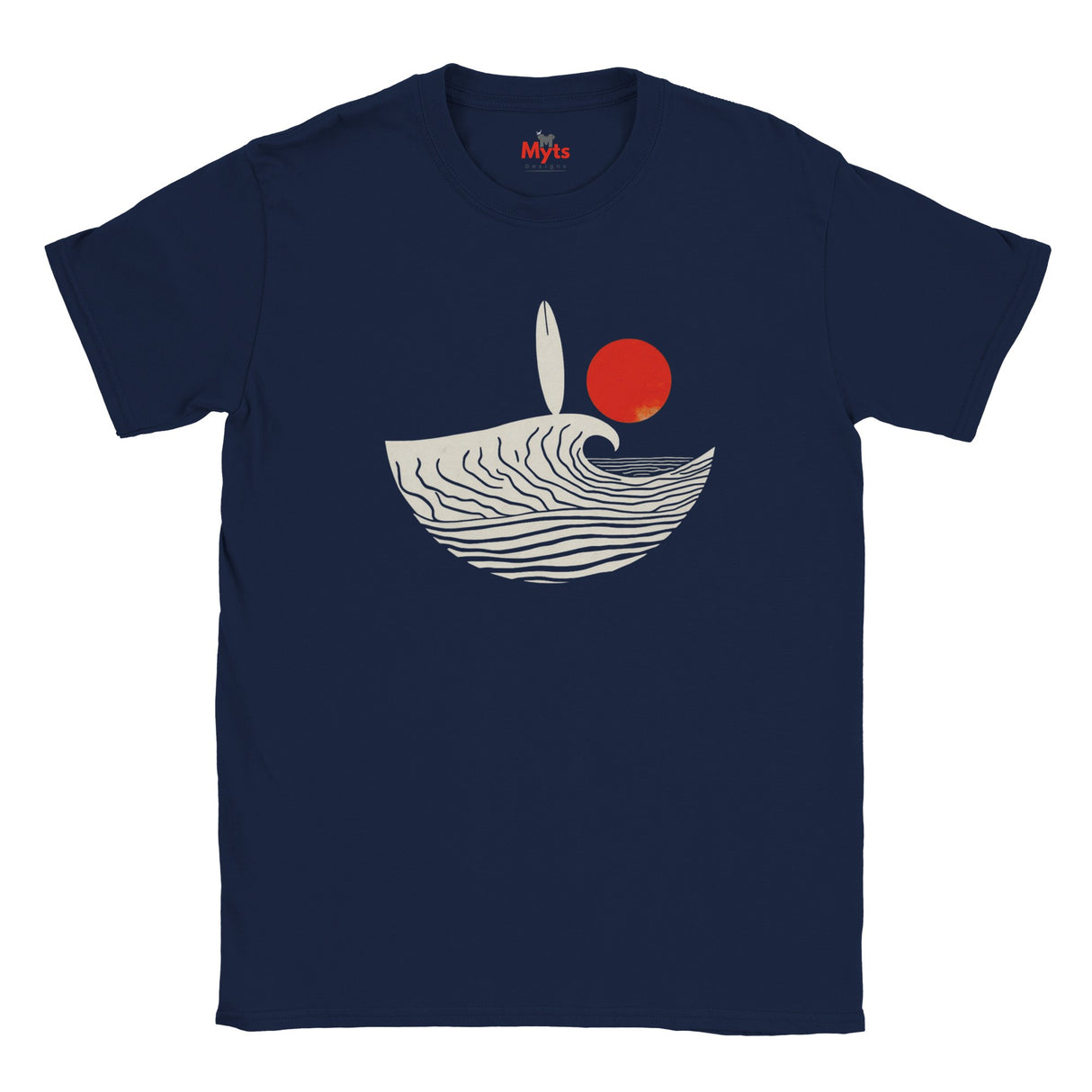 Navy blue t-shirt with a wave and sun design on a white background
