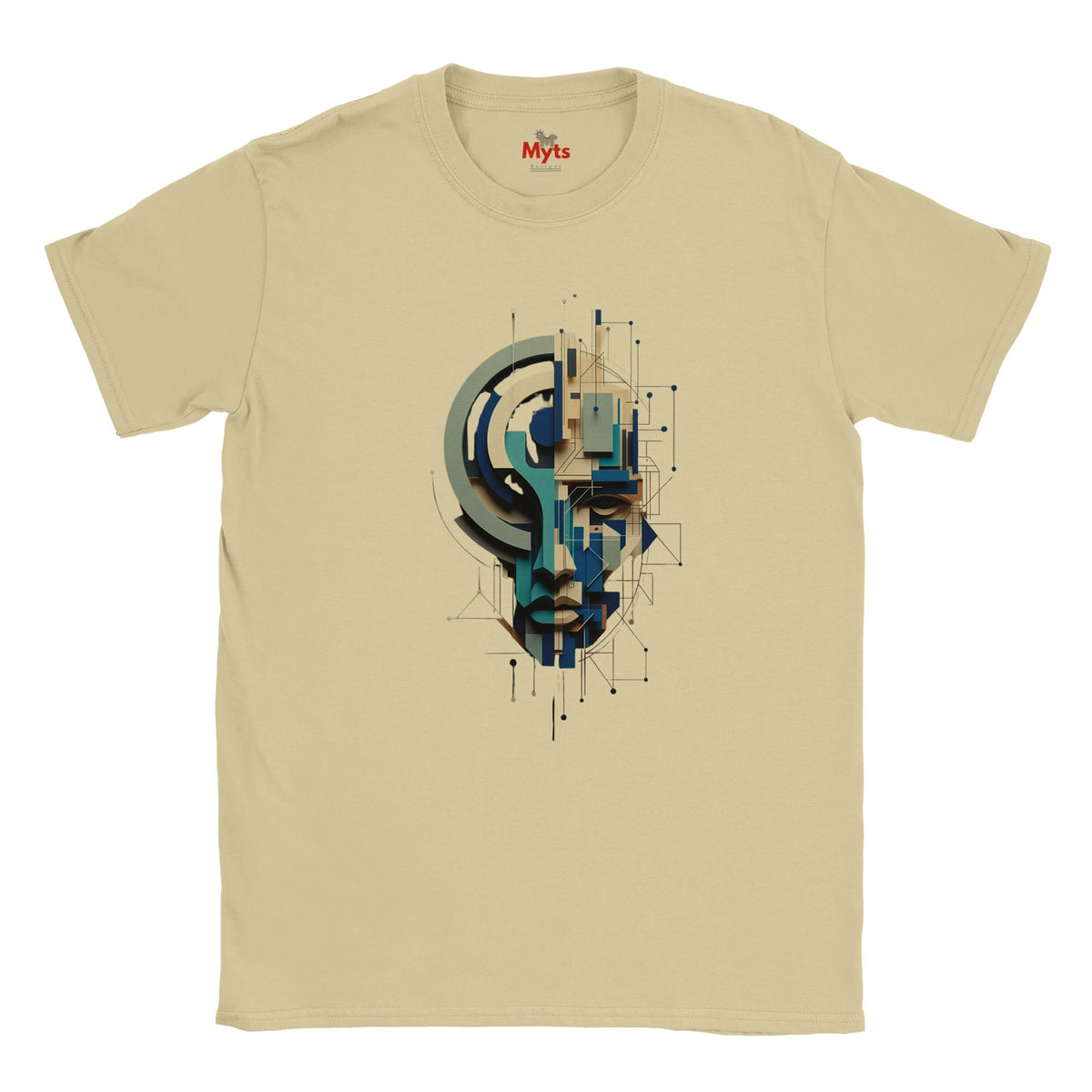 A sand crewneck t-shirt featuring a central graphic print of a stylized face composed of geometric shapes in blue, teal, and gray. The brand name 'Myts' is visible on the inner neck label.