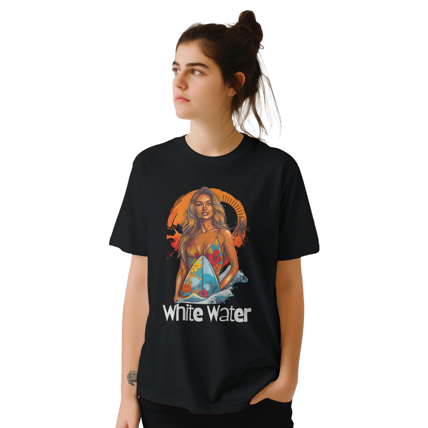 Person wearing a black t-shirt with a graphic design