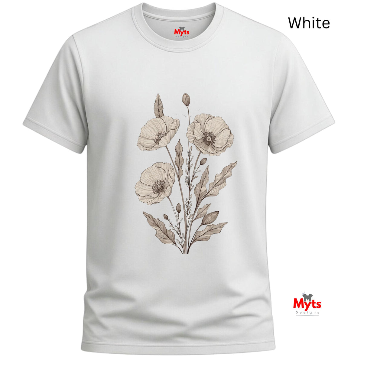 A white short-sleeve crewneck t-shirt featuring a central graphic of beige poppy flowers and leaves. The brand name 'Myts' is visible on the inner neck label and as a logo in the bottom right corner, with 'White' text in the top right corner.