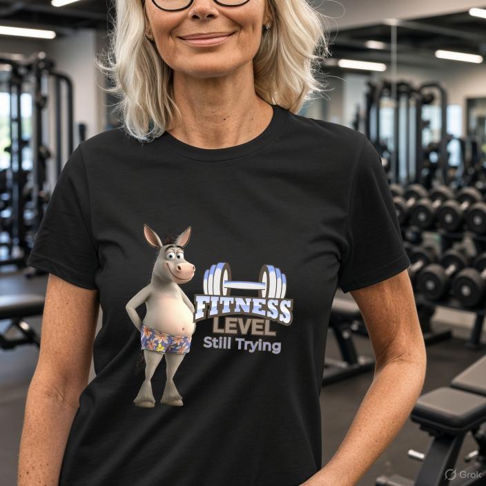 Woman in fitness centre wearing black Fitness Level Still Trying donkey graphic tee with exercise equipment behind her.