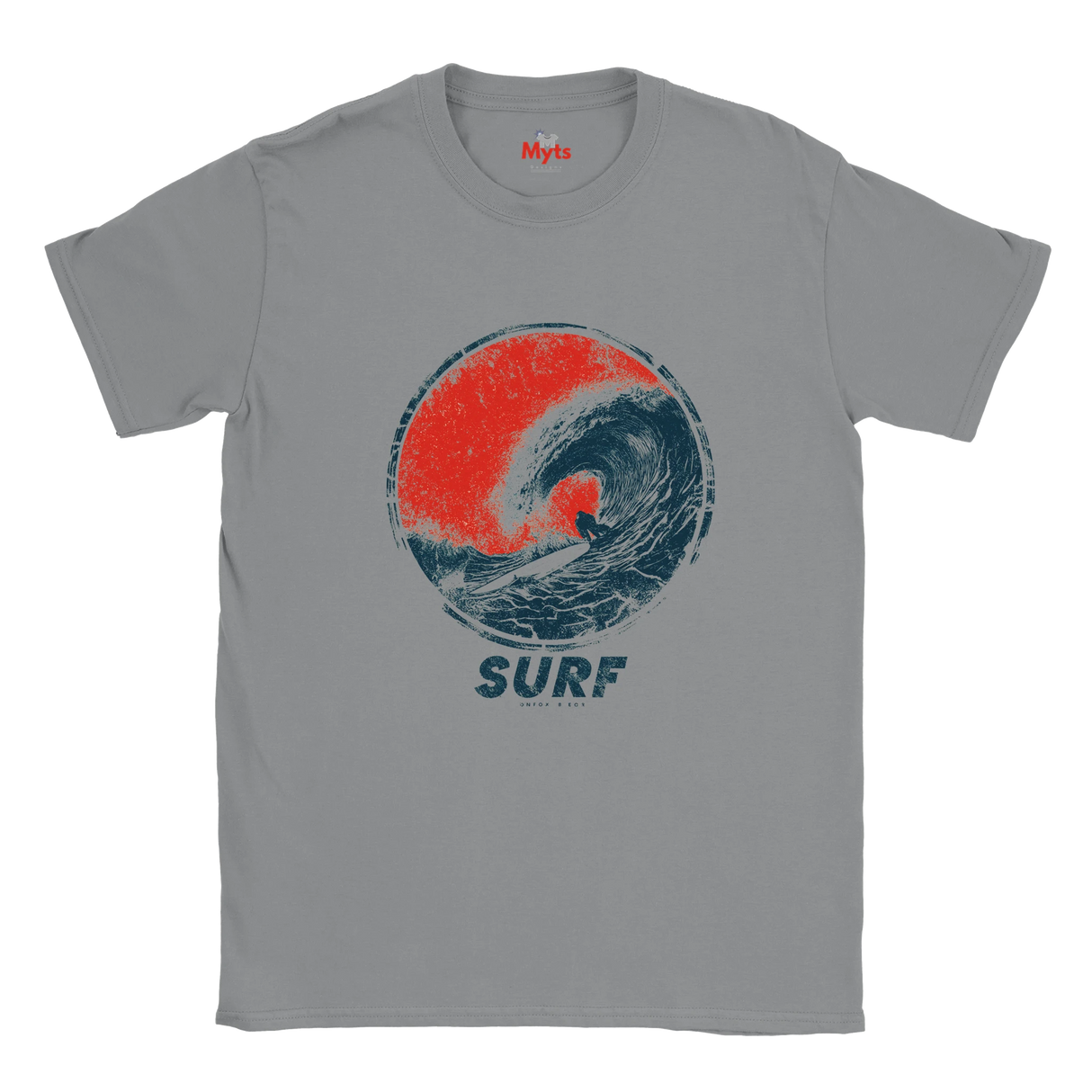 A gray short-sleeve t-shirt with a distressed graphic of a surfer inside a red and blue ocean wave circle, with the word 'SURF' printed below in blue. The brand name 'Myts' is visible on the inner neck label.