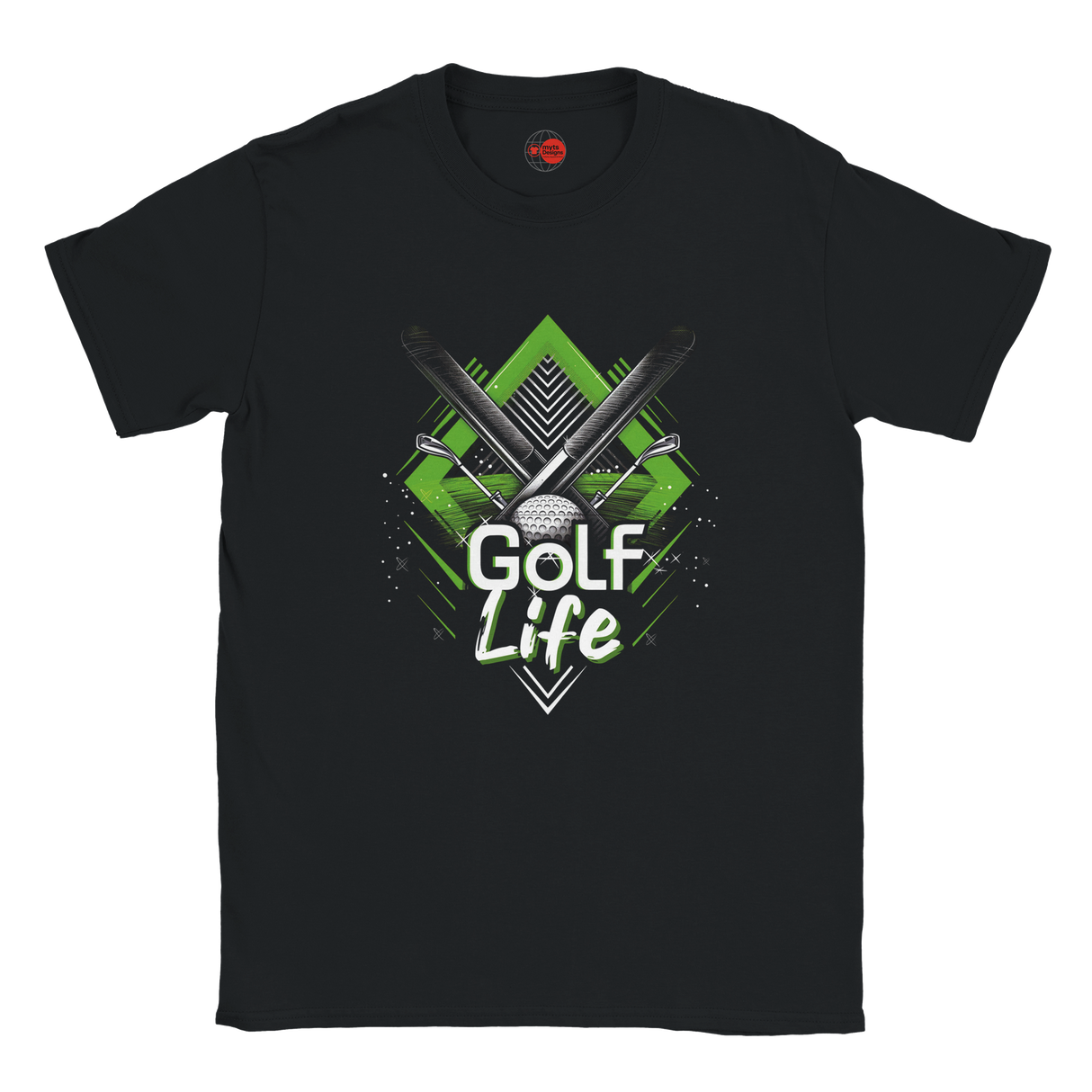 Black t-shirt with 'Golf Life' graphic design on a white background