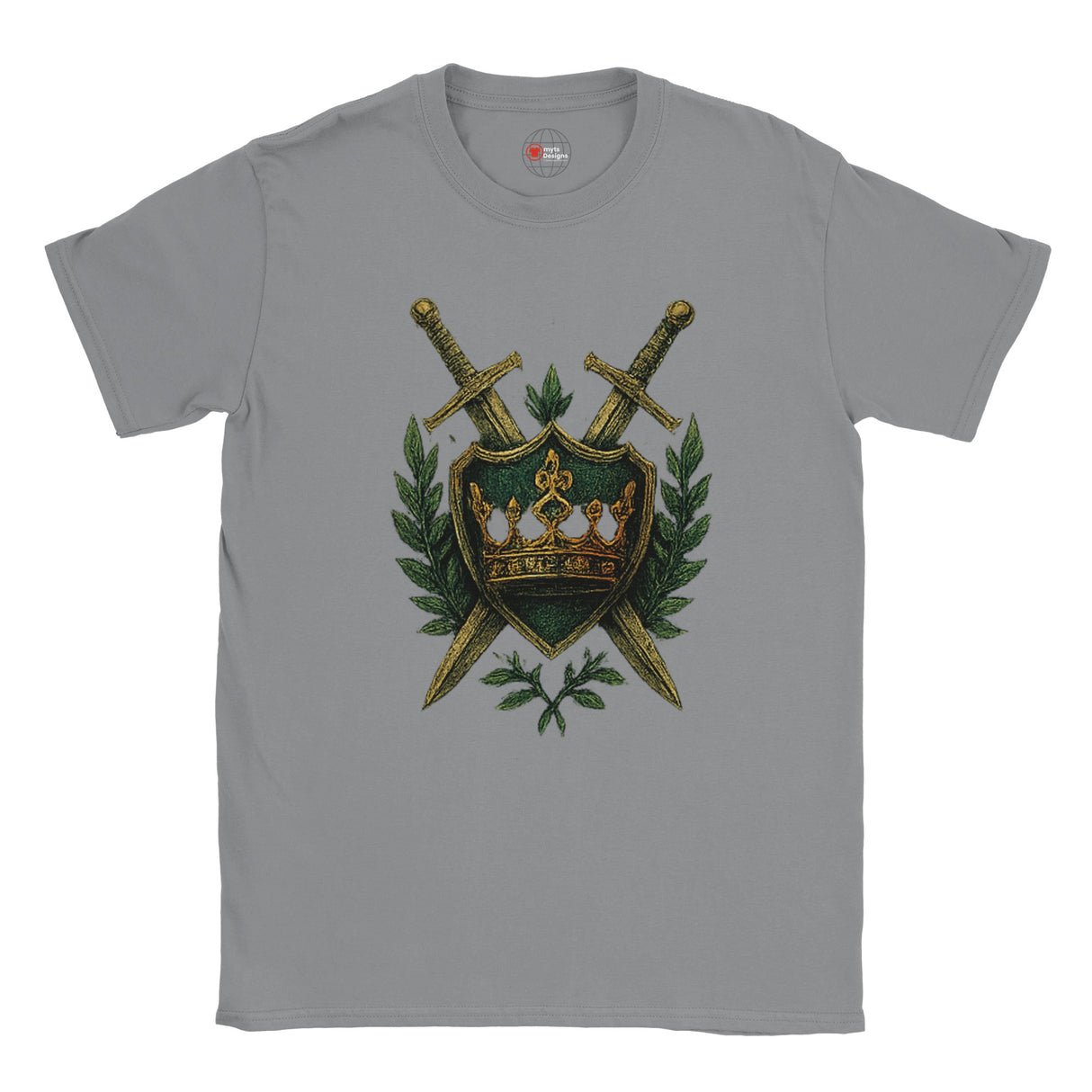 Gray t-shirt with a green shield and crossed swords design on a white background