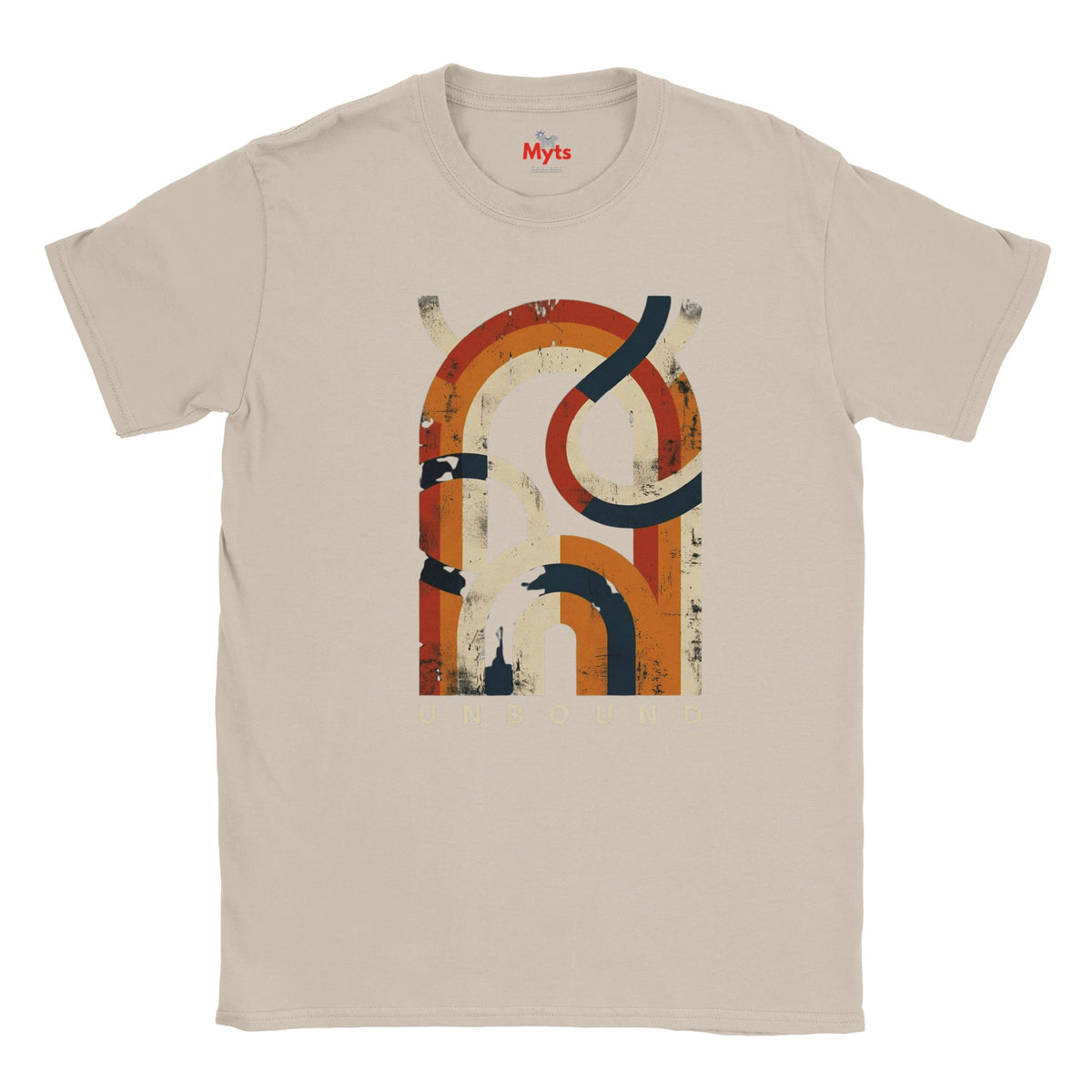 A Ice Grey crewneck t-shirt featuring a distressed, vintage-style graphic print of the number 8 in orange, cream, and dark navy blue on the front. The brand name 'Myts' is printed inside the collar.