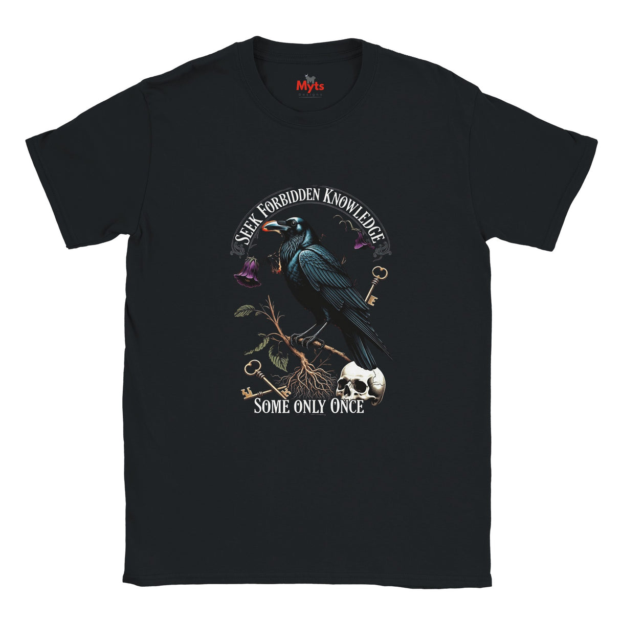 Black t-shirt with a crow and text design on a white background