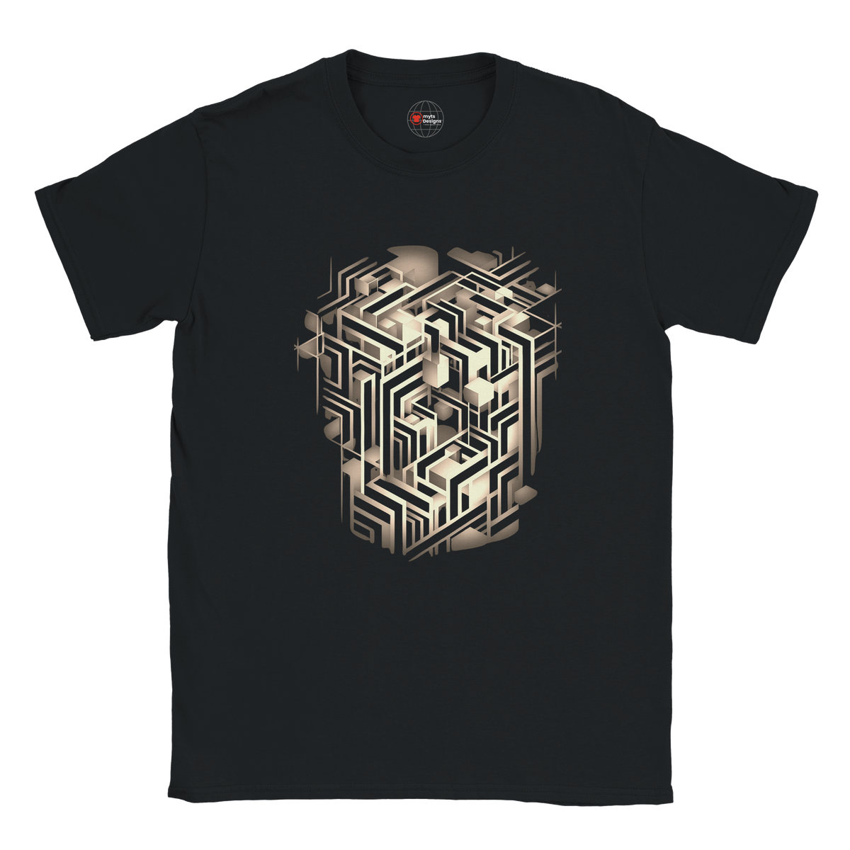 Black t-shirt with geometric design on a white background