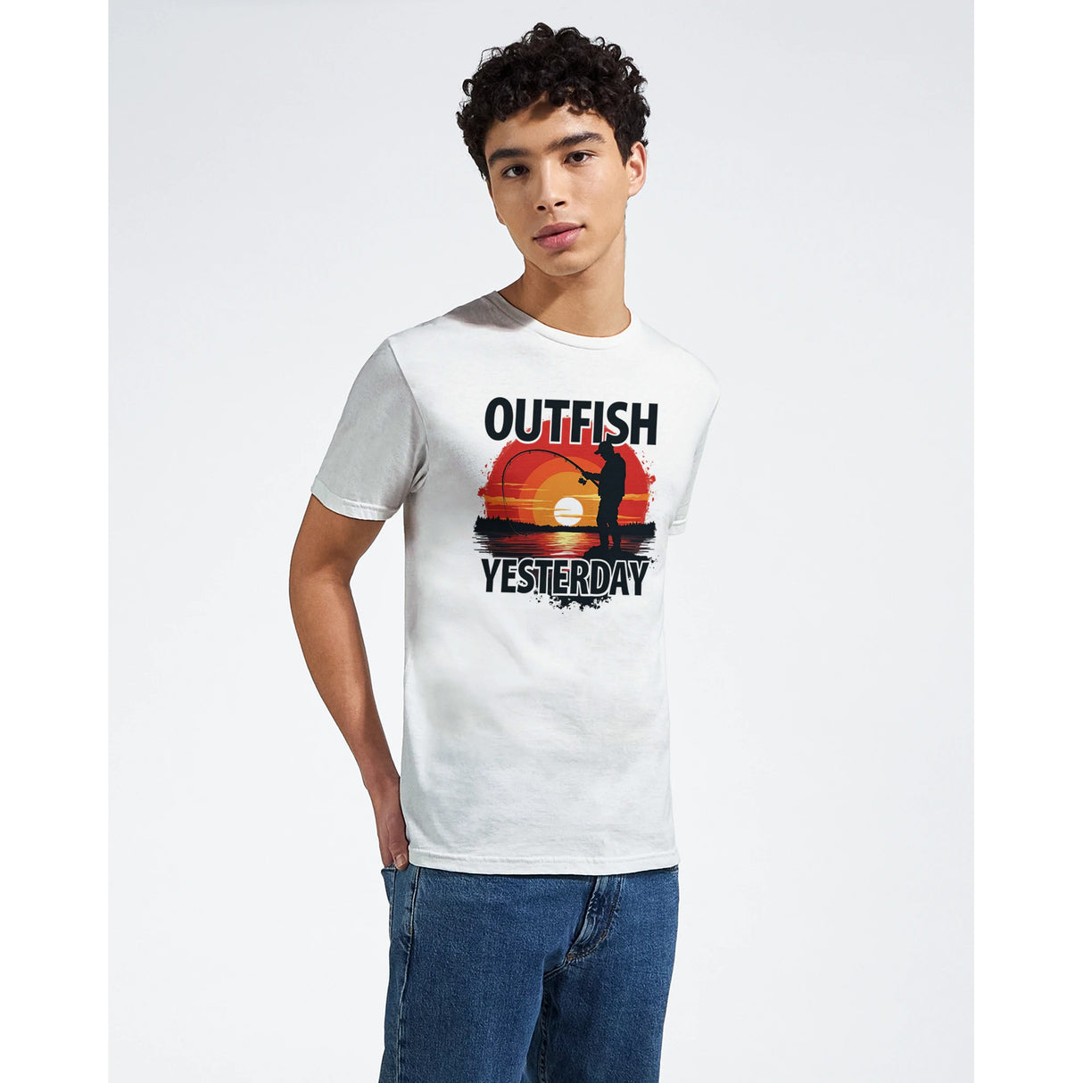 Person wearing a white t-shirt with 'Outfish Yesterday' design on a plain background