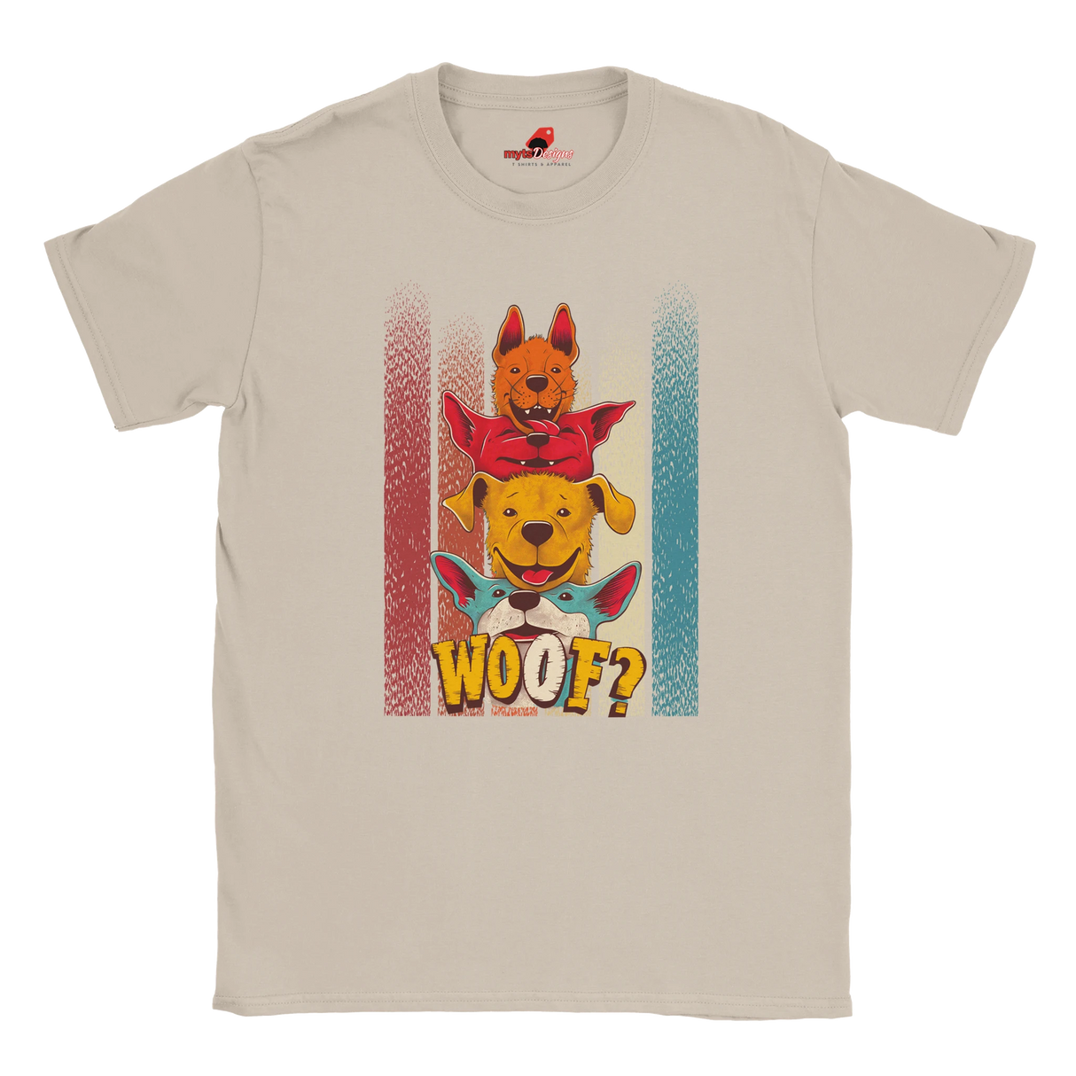 A fLat lay sand T-shirt featuring a playful graphic of four stacked colorful dogs in yellow, red, and blue tones with the word “Woof?” in bold, cartoonish text below.