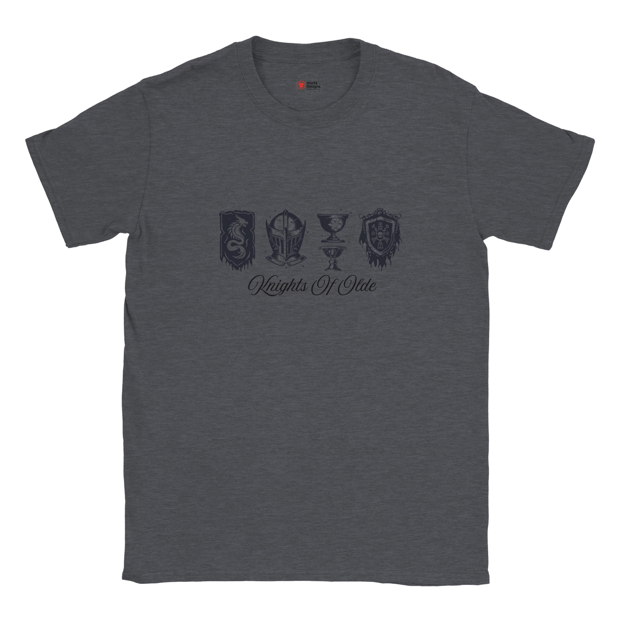 Dark gray t-shirt with black graphics and text on a white background