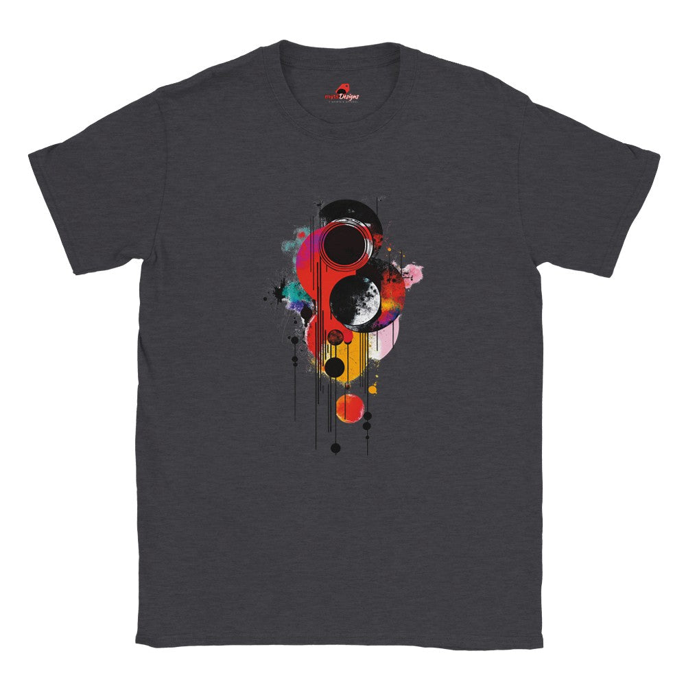 Moon Haze geometric space t-shirt with vivid abstract cosmic design in blue purple and pink colors