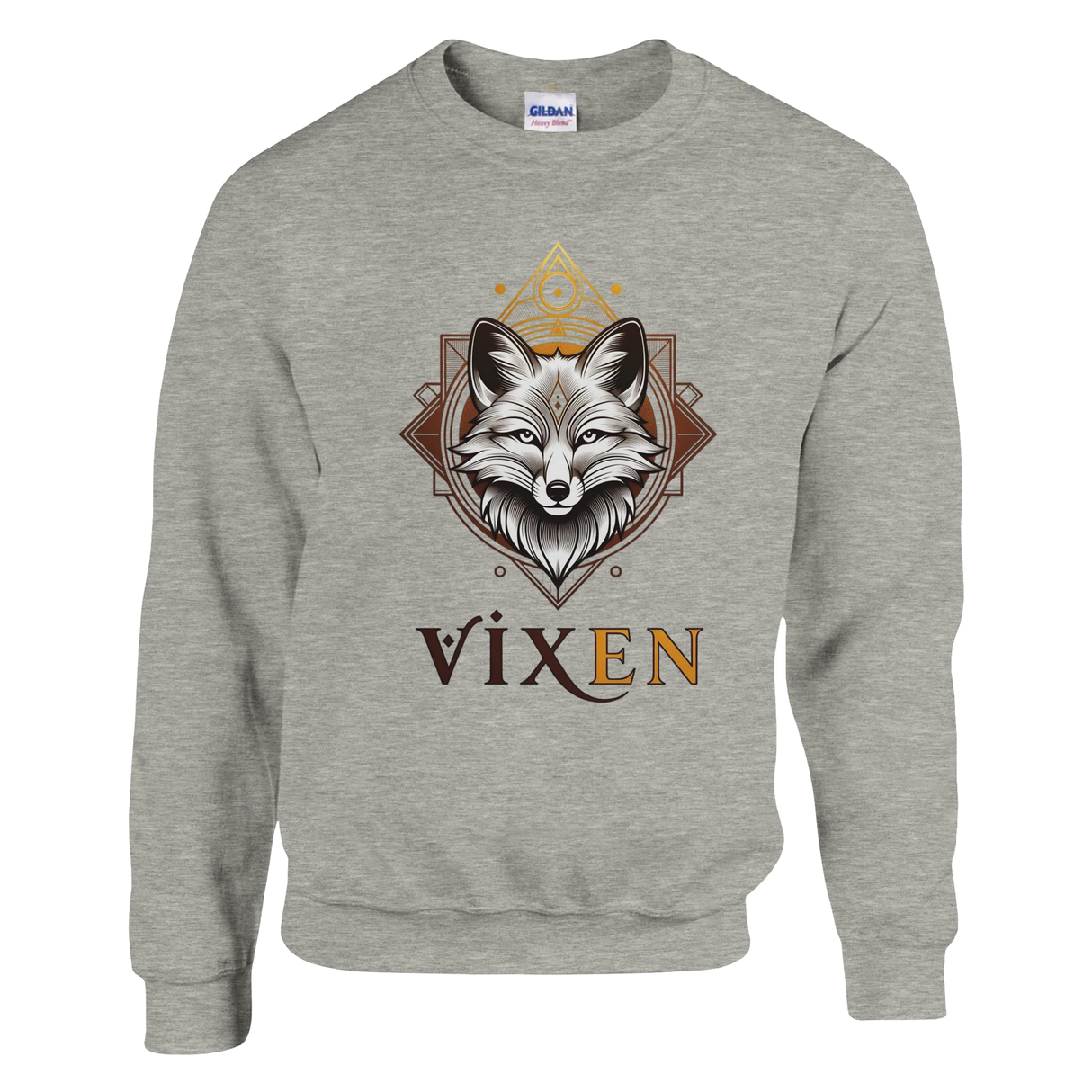 Gray sweatshirt with a fox design and 'Vixen' text on a white background
