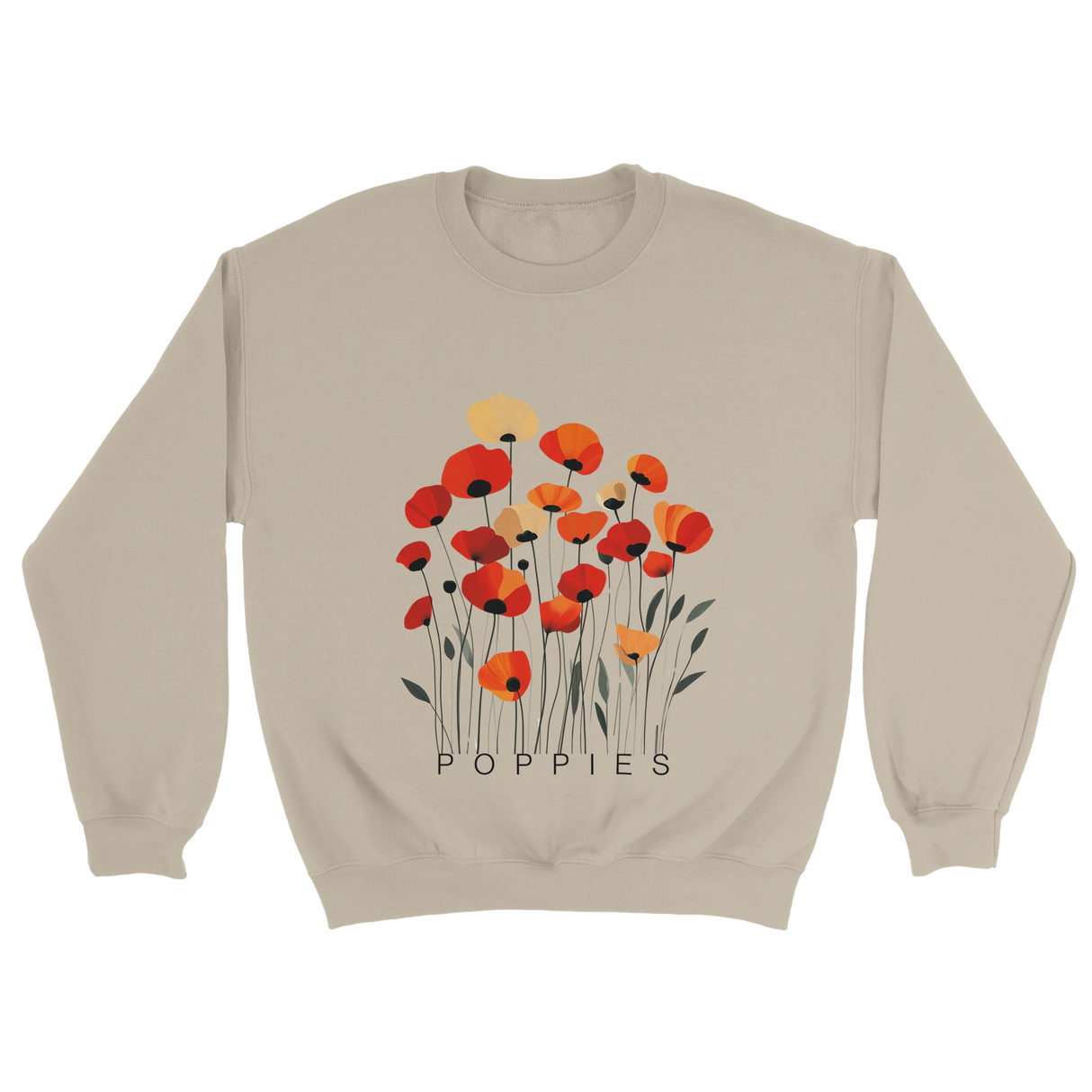 A Neutral sweatshirt featuring a minimalist poppy flower design. The graphic displays red, orange, and muted gold poppies with slender stems and leaves, and the word “POPPiES” printed beneath. The cozy, casual outfit has a soft, modern aesthetic ideal for floral and nature-inspired fashion.