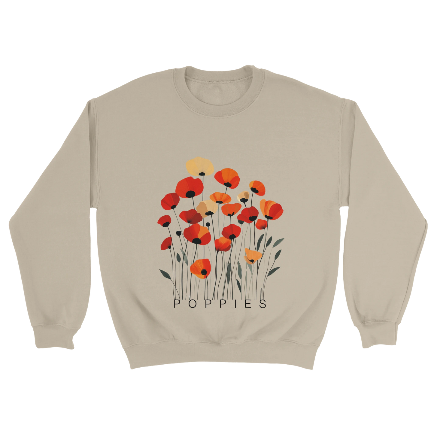 A Neutral sweatshirt featuring a minimalist poppy flower design. The graphic displays red, orange, and muted gold poppies with slender stems and leaves, and the word “POPPiES” printed beneath. The cozy, casual outfit has a soft, modern aesthetic ideal for floral and nature-inspired fashion.