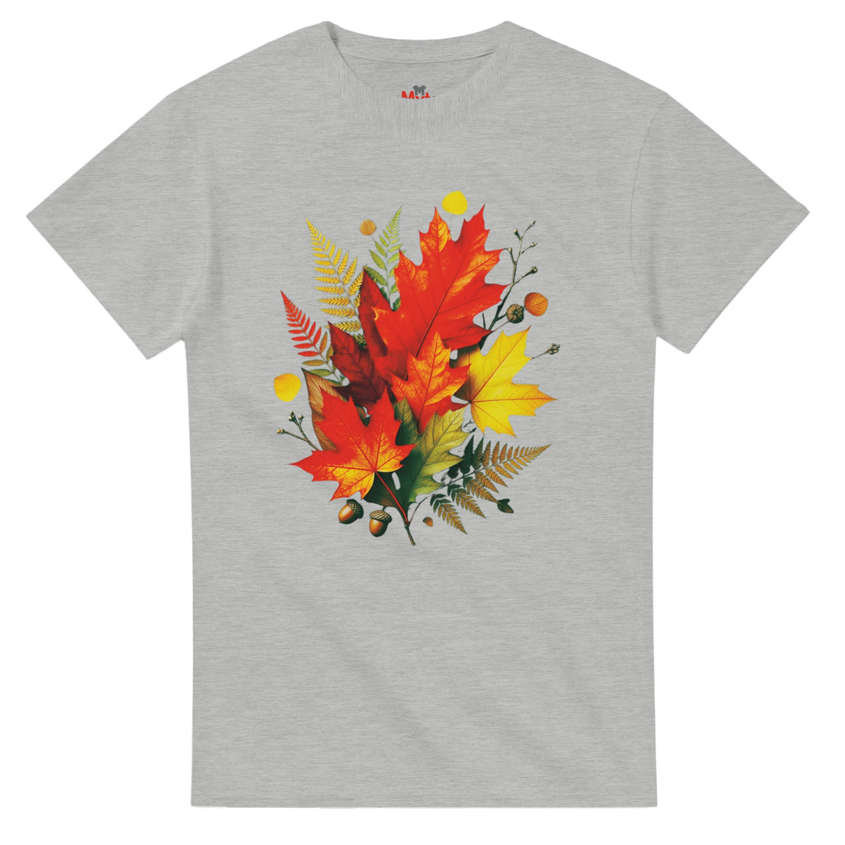 Ash t-shirt with autumn leaf design on a white background