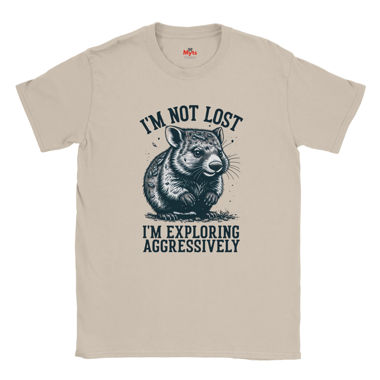 Sand t-shirt with a graphic of a Wombat and text on a white background