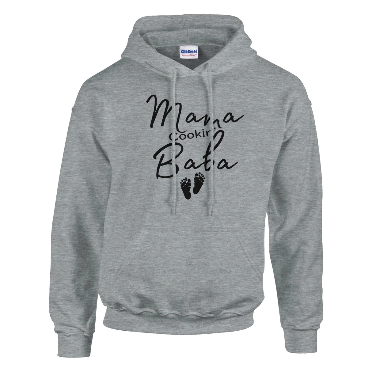 Sports grey Hoodie "Mama Cookin' Baba" with tiny silhouette black feet