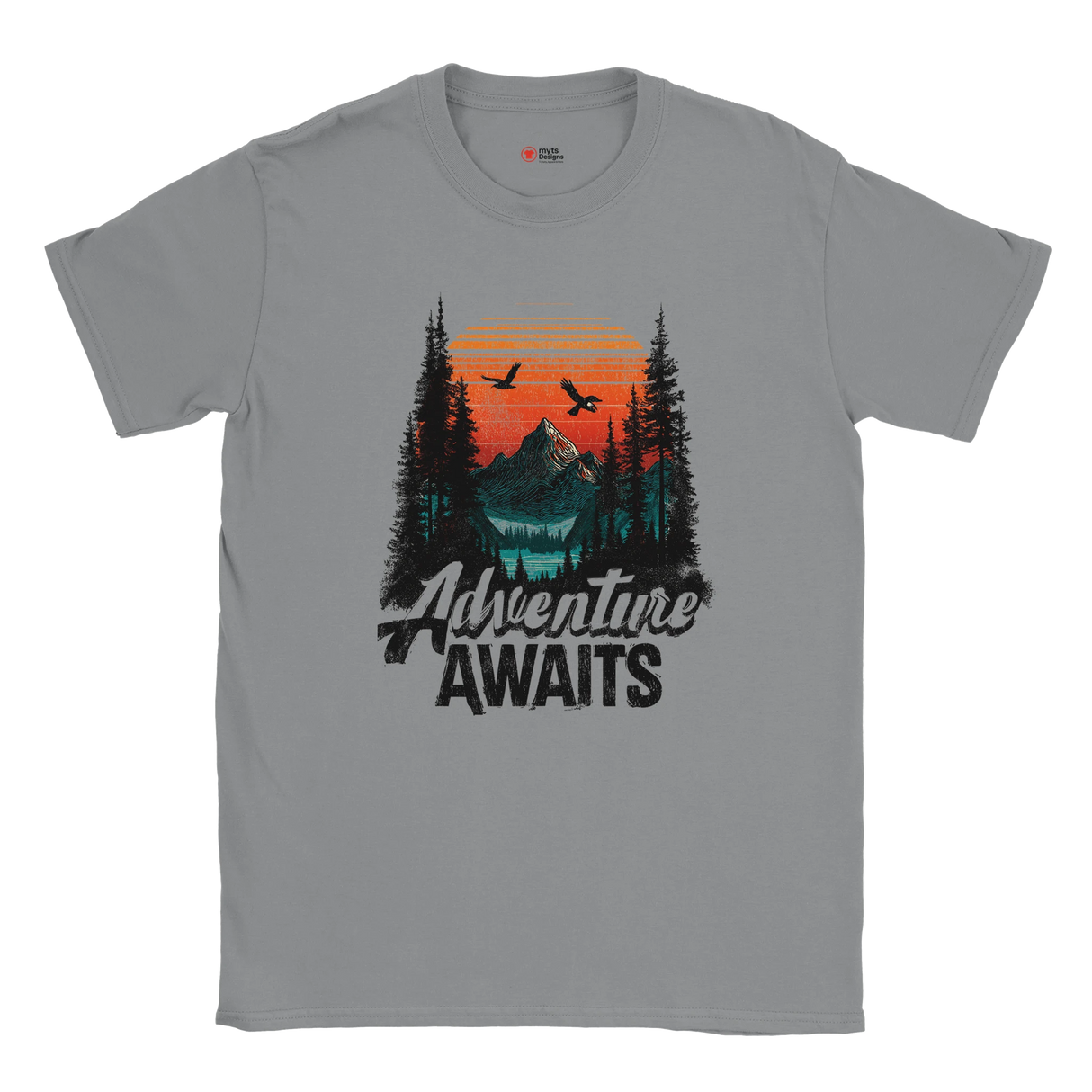 Gray t-shirt with 'Adventure Awaits' graphic design featuring a mountain and trees.